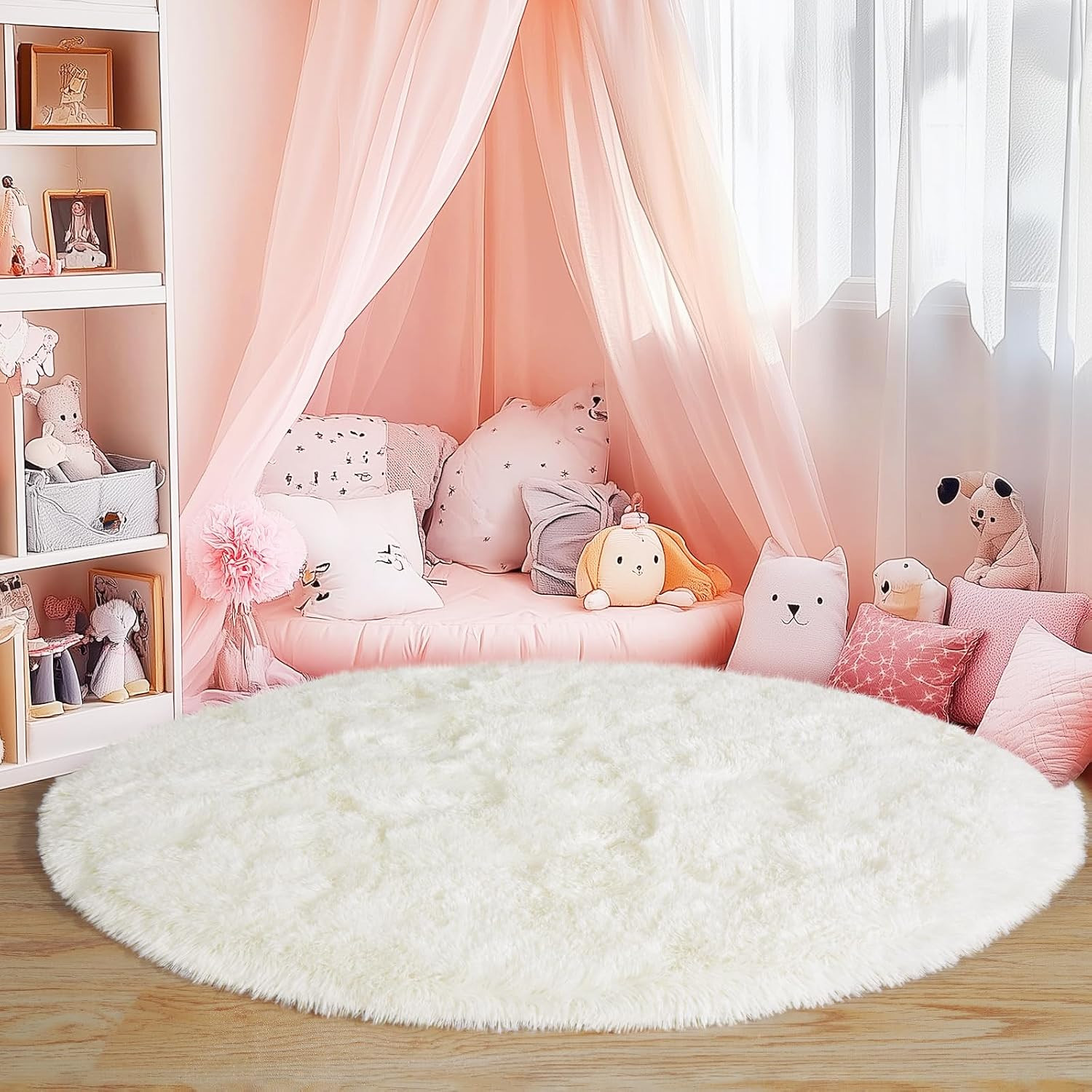 3×3 Ft Cream Round Rug Soft Fluffy Shag Carpet for Girls Bedroom