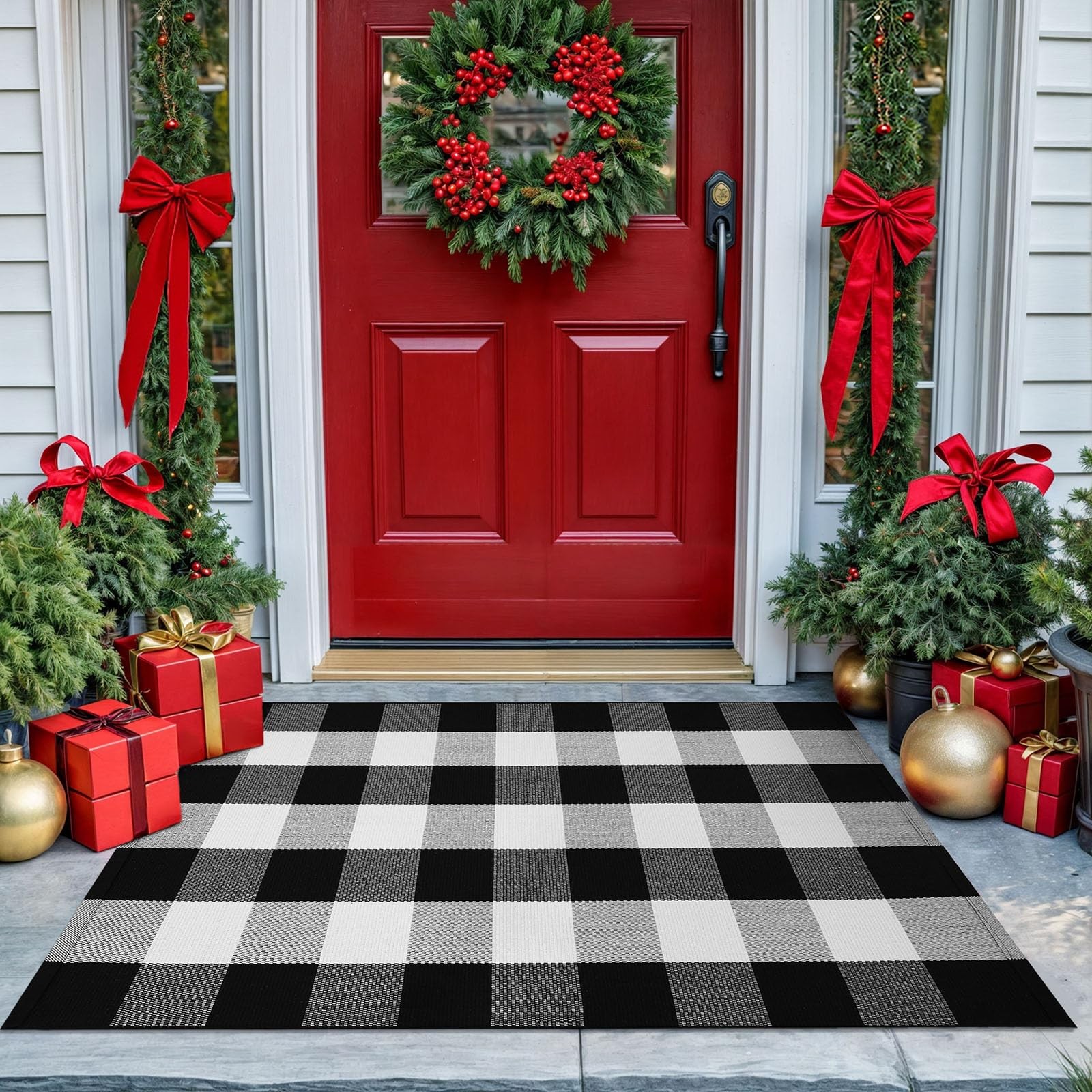 KOZYFLY Buffalo Plaid Rug 27.5×43 Inches Black and White Outdoor Rugs Hand Woven