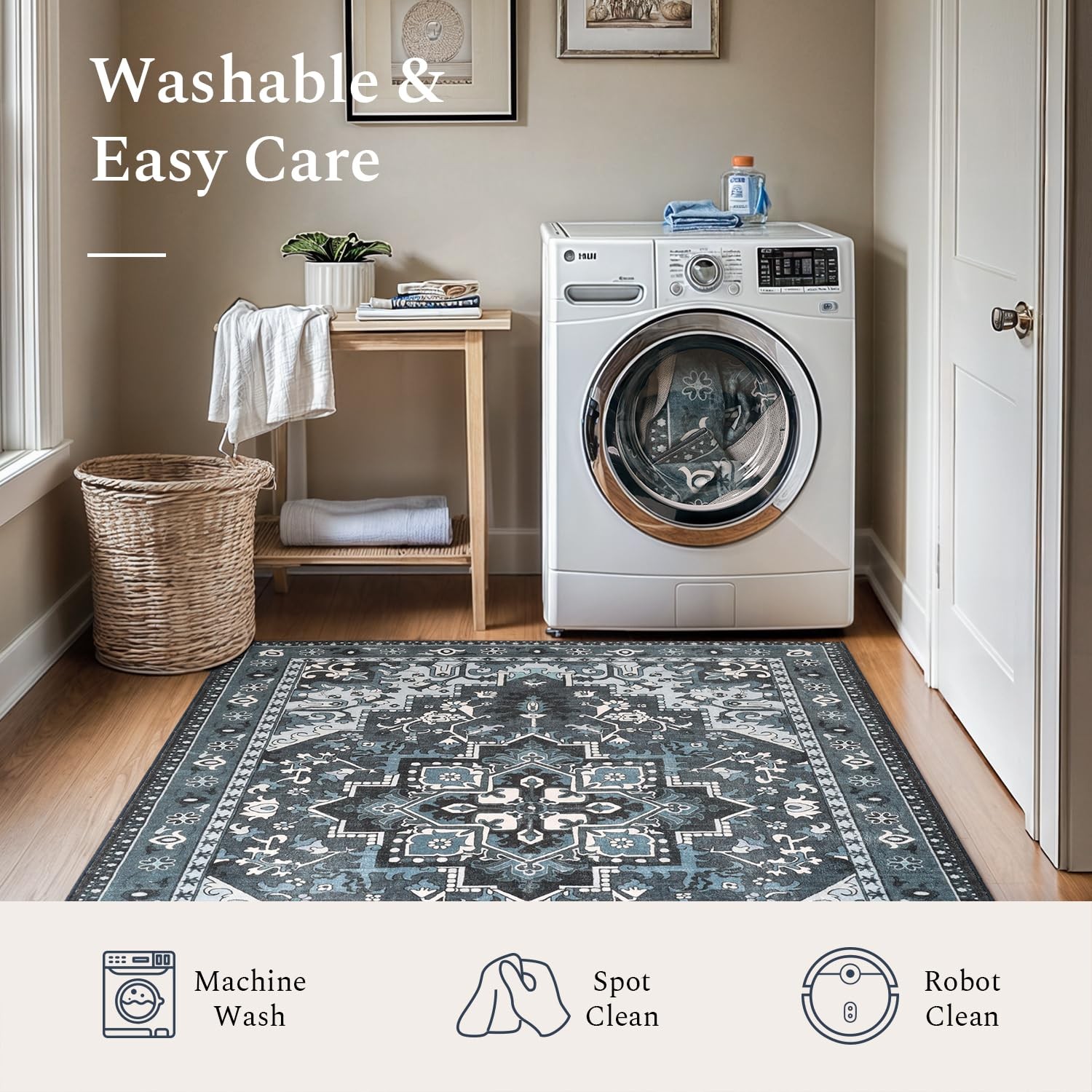 Rugflix 5×7 Machine Washable Area Rug, Dark Navy Blue Carpet for Living Room