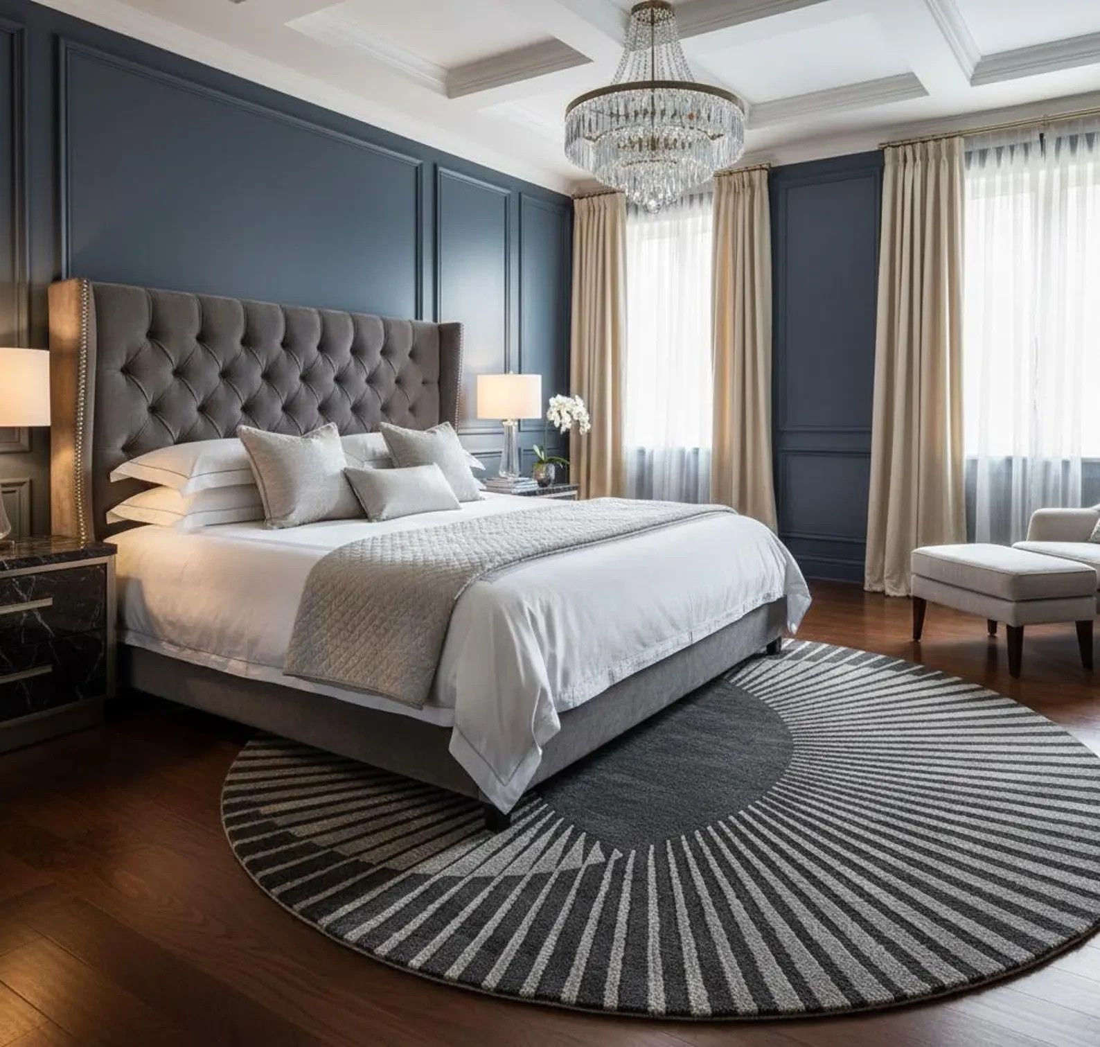 Modern Round Sunburst Rug, Hand Tufted New Zealand Wool Carpet, Black Grey Geome