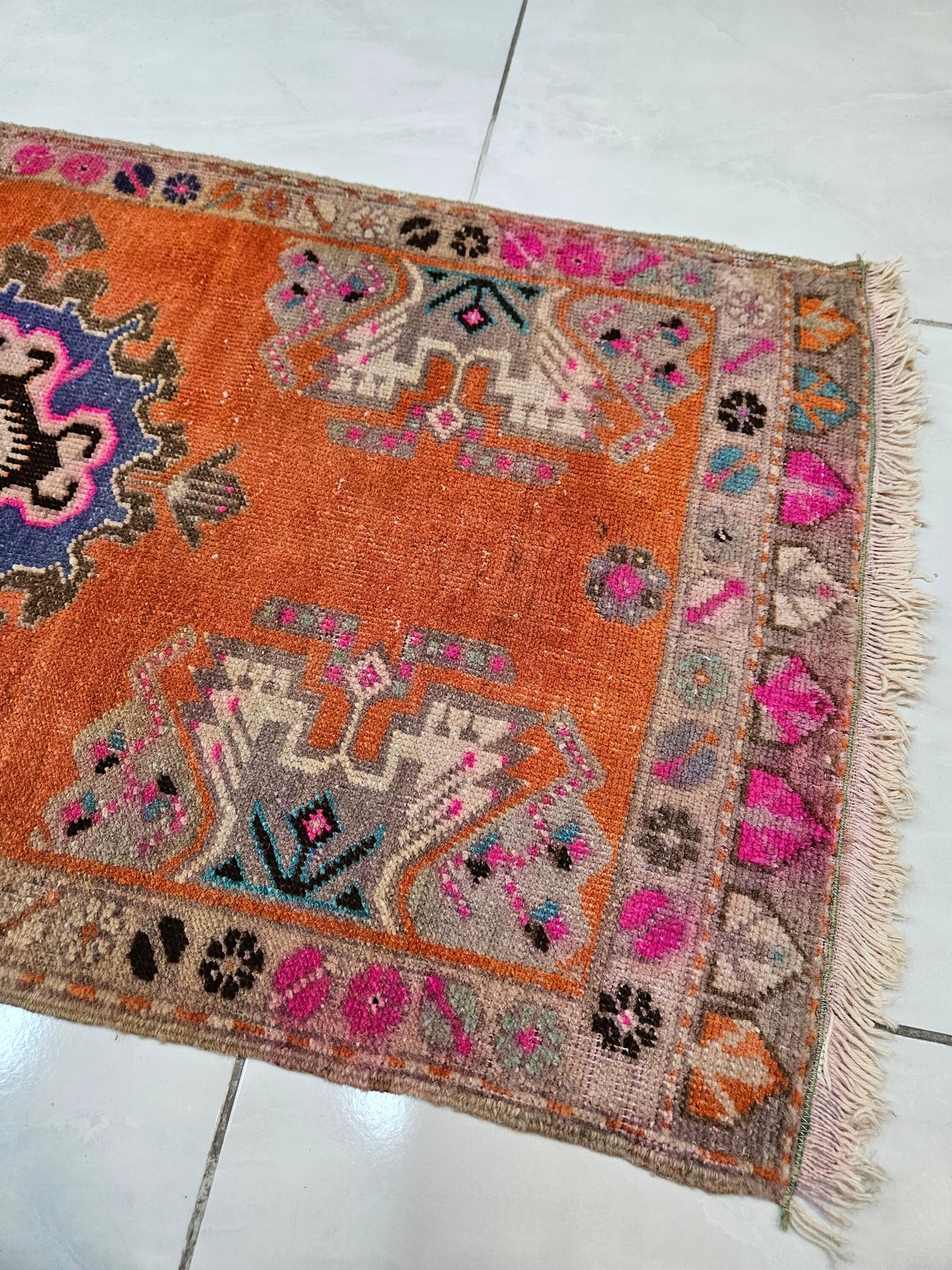 Orange Turkish Rug, Small Vintage Wool Rug 1.9×3.7 ft