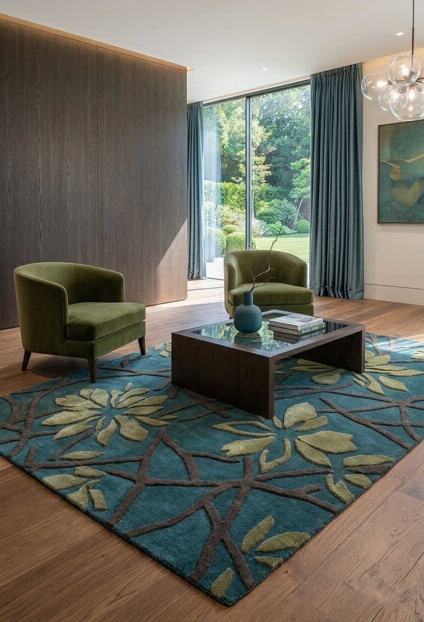 Botanical Vine Hand Tufted Wool Rug – Teal & Sage Green Floral Area Rug