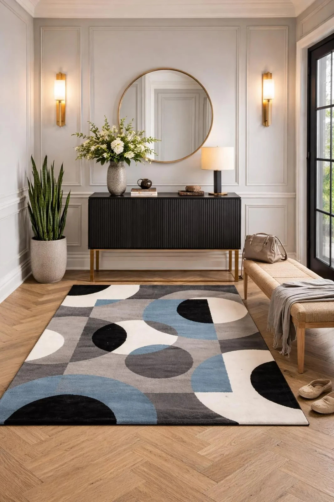 Modern Abstract Hand Tufted Rug Blue, White & Gray Geometric Design Premium