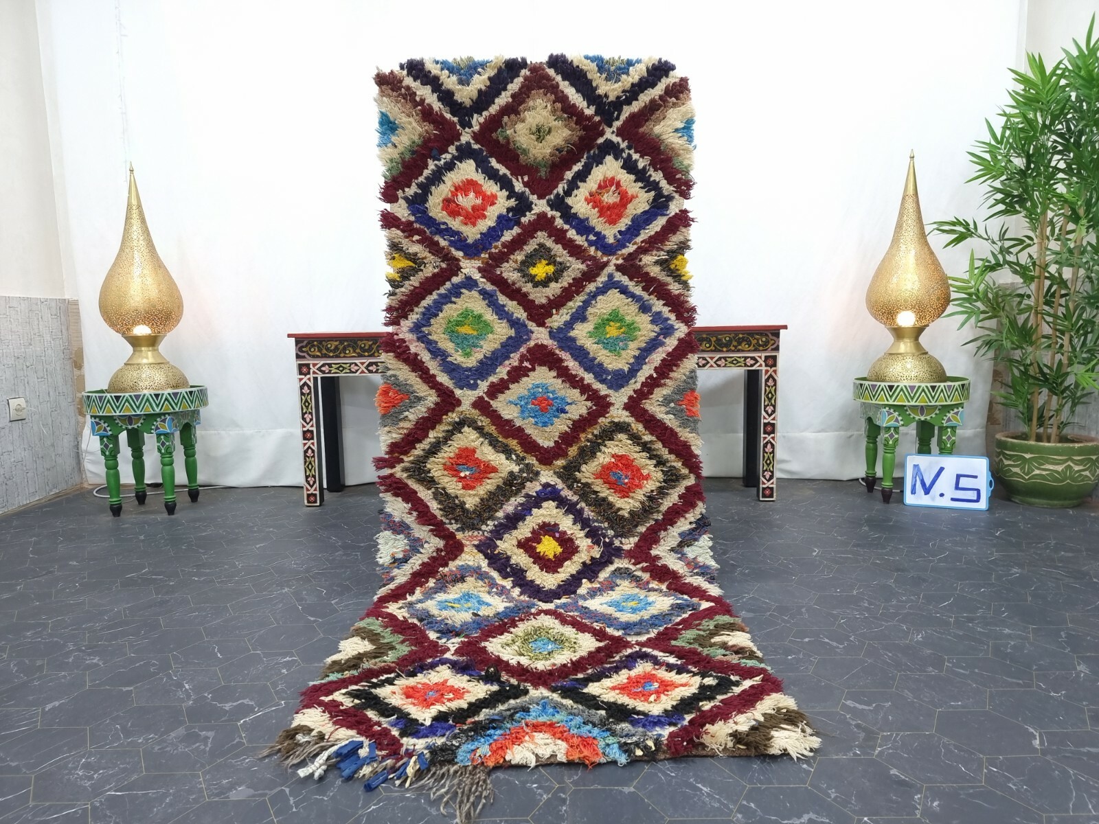 Moroccan Handmade Vintage Rug 2’6″x6’8″ Berber Geometric White Blue Cotton Rug