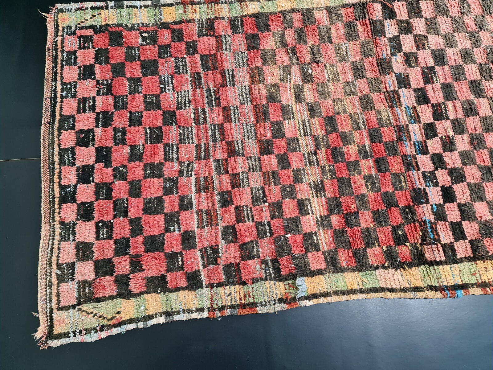 Vintage Moroccan Tribal Handmade Rug 3’1″x6’5″ Berber Red Checkered Wool Carpet
