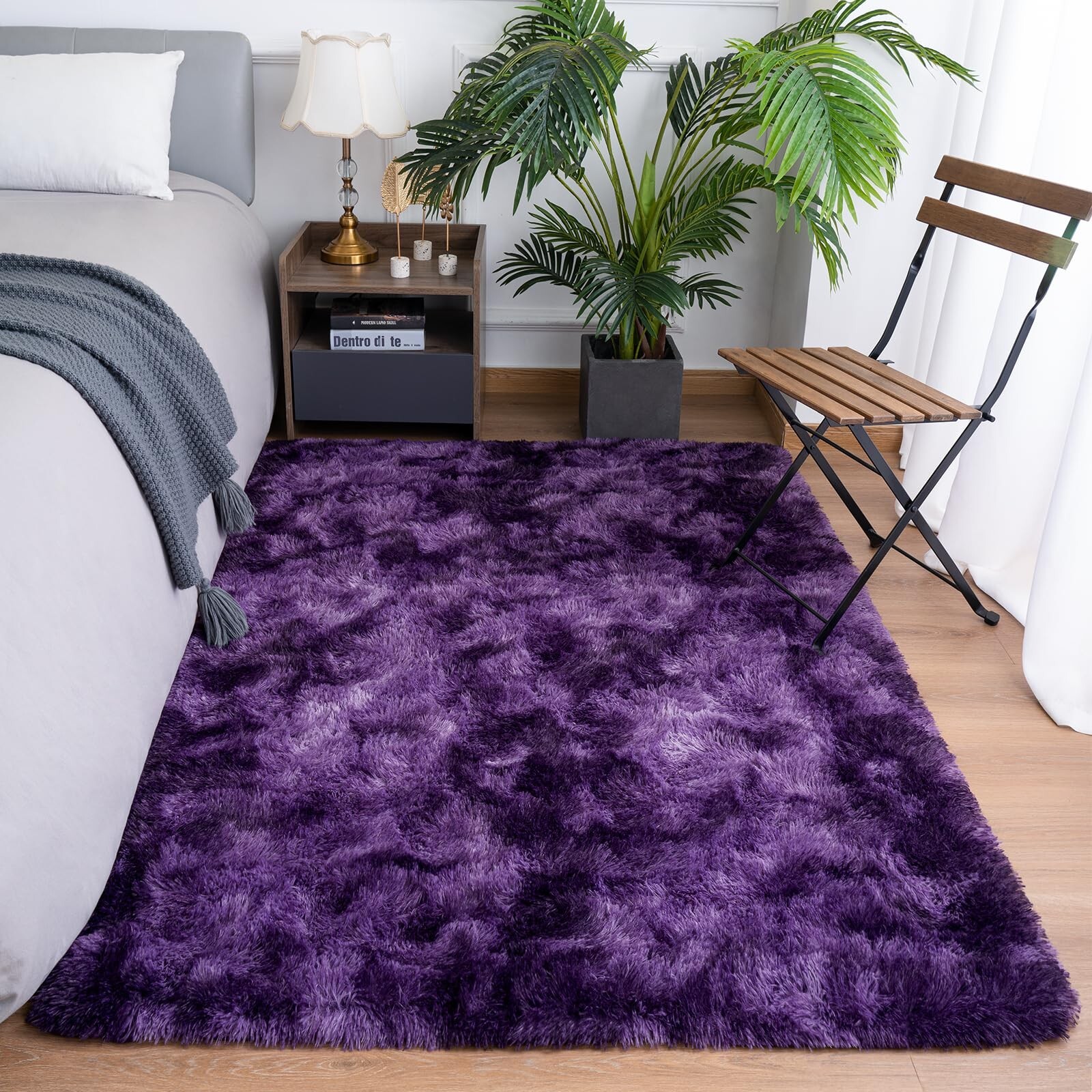Fluffy Area Rug for Living Room Bedroom, 7 x 10 Tie-Dyed Grape Purple Rug Fuz…