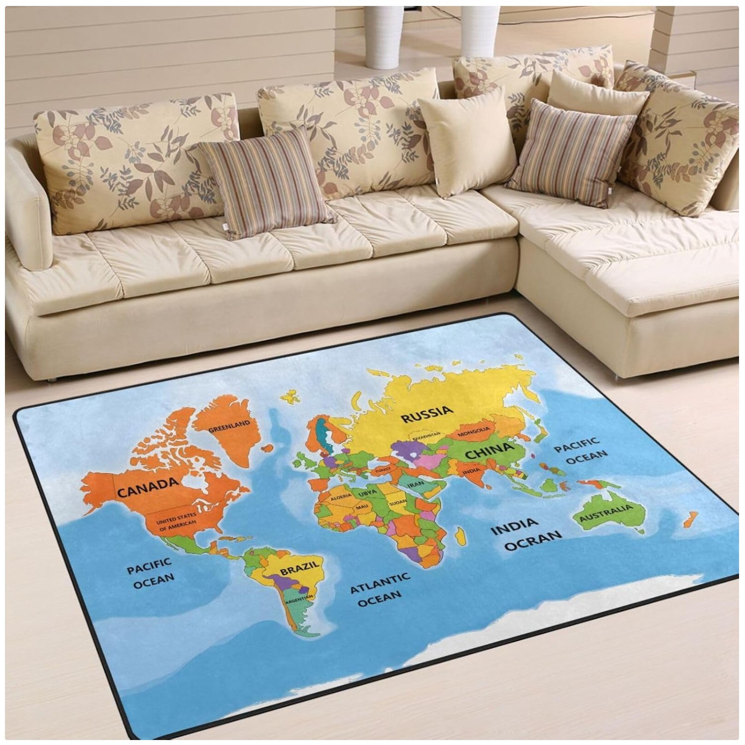 Power Loomed Colorful World Map Rug 80″x58″ for Hallway