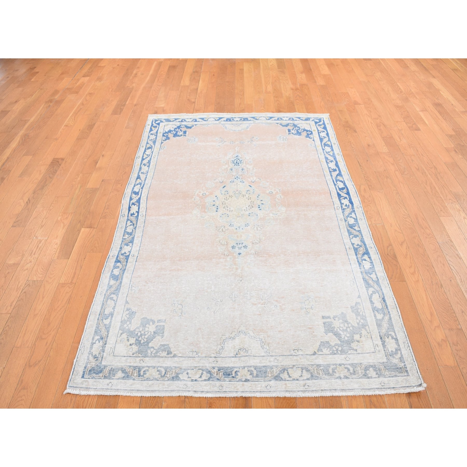 4’7″ x 7’6″ Pink Worn Wool Hand Knotted White Wash Vintage Karman Rug R87930