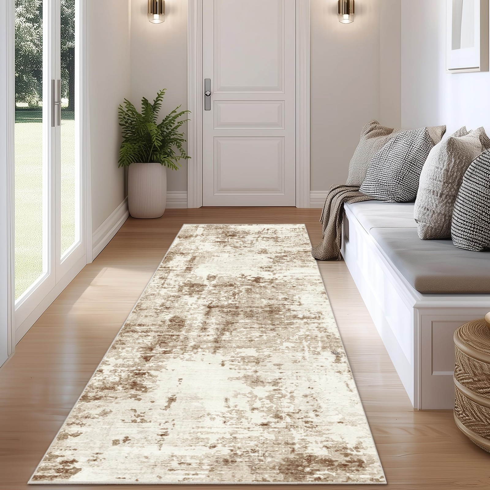 2×6 Runner Rug Washable Brown Beige Modern Abstract Entryway Non Slip Neutral…