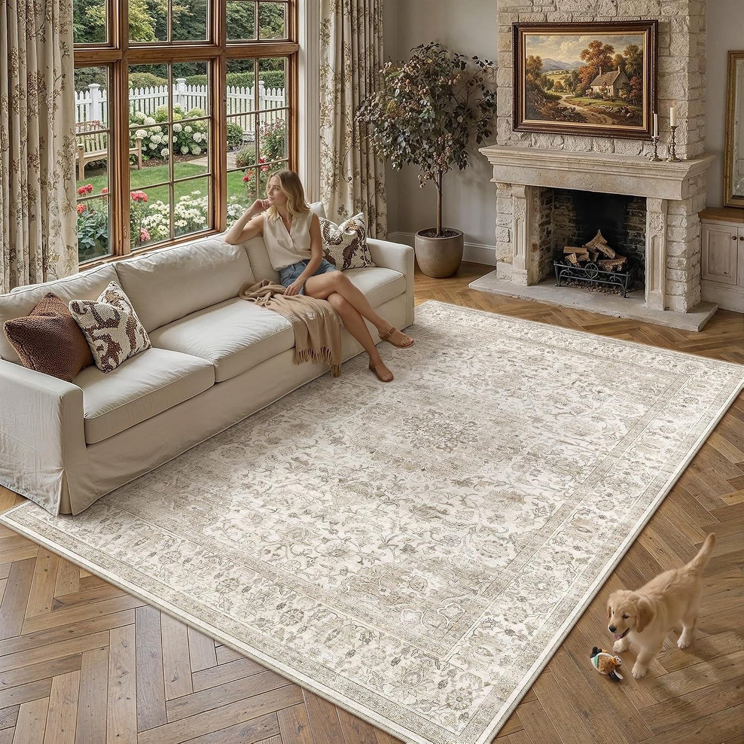 Vintage 8×10 Area Rugs, Washable Non-Slip Beige Floral Medallion Carpet, Low