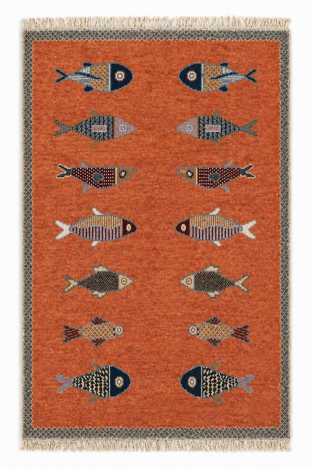 Handmade Fish Design Rug Orange Wool Carpet Runner Area Rug Home Decor