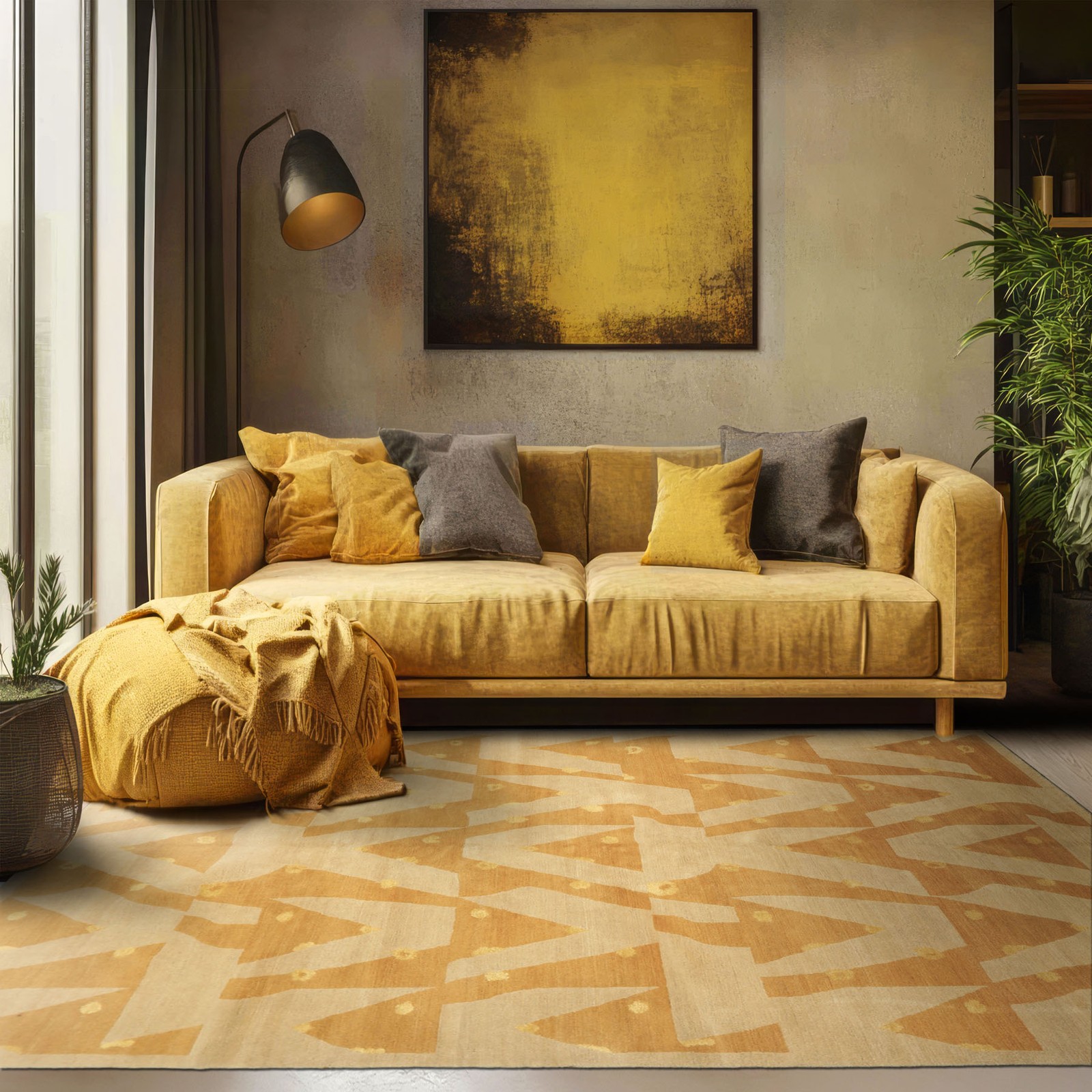 6’x8’11” Tibetano Hand Knotted Wool & Silk Beige Tibetan Modern Art Deco Rug