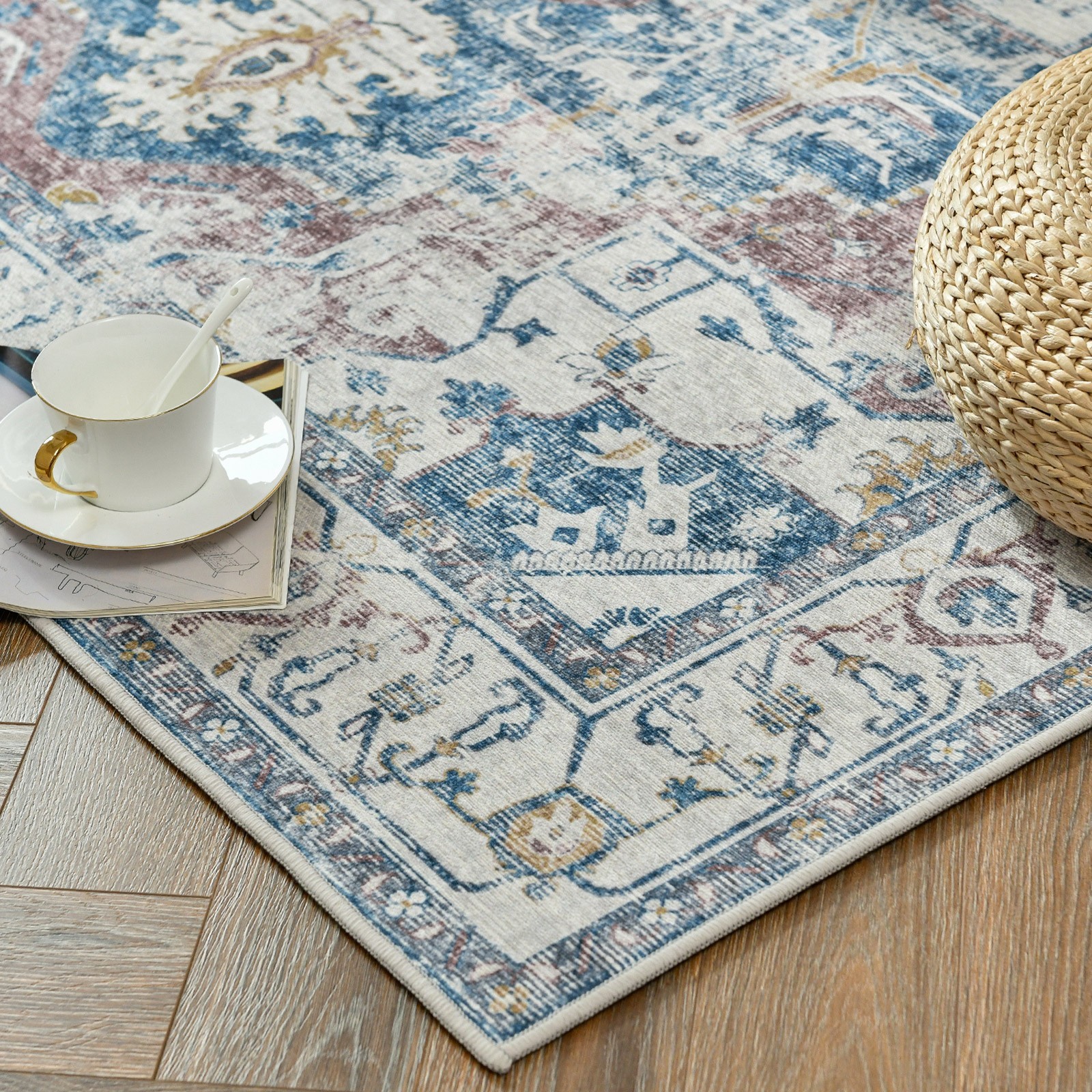 2×3 Kelda Area Rug Entryway Accent Rug Indoor Vintage Floor Mat Navy Blue