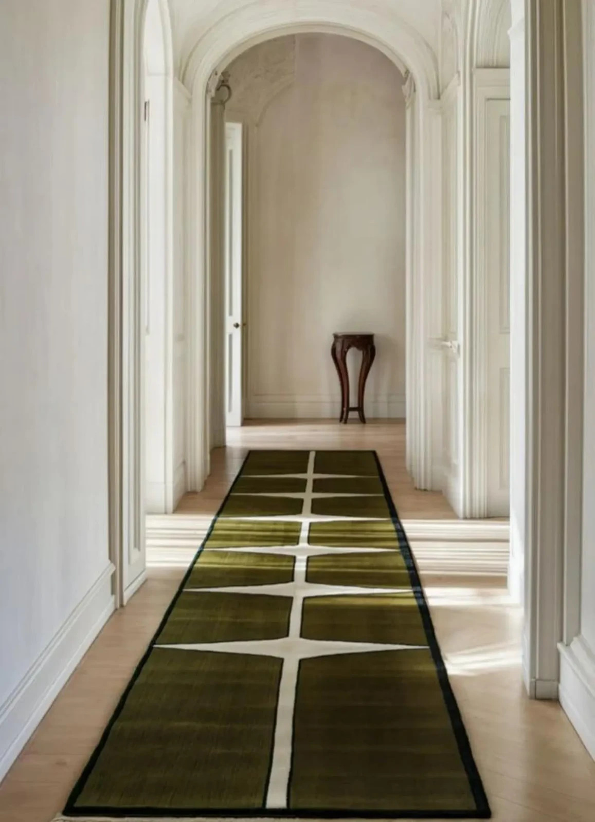 Olive Green Geometric Runner Rug, Hand tufted New Zealand Wool Hallway Carpet