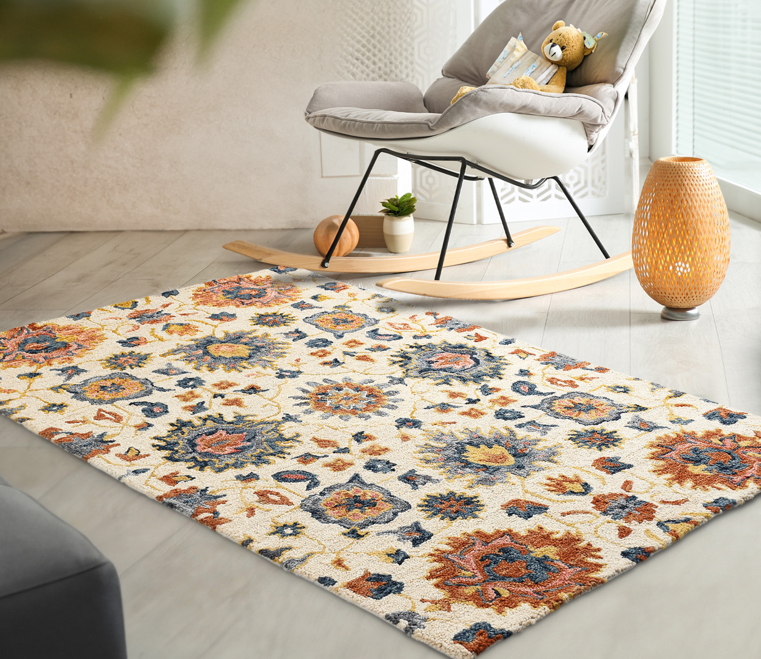 Beige Wool Floral 8 x 10 Feet Hand Tufted Carpet for home and living.