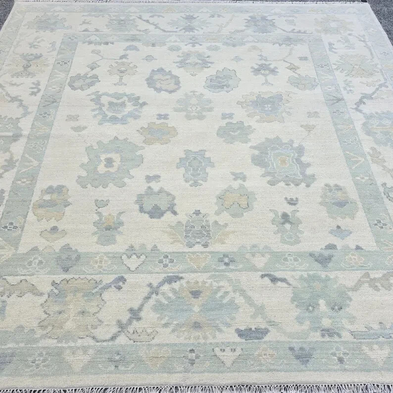 Ivory Cream Muted Look Turkish Style Oushak Rug Hand Knotted Soft Quality Wool