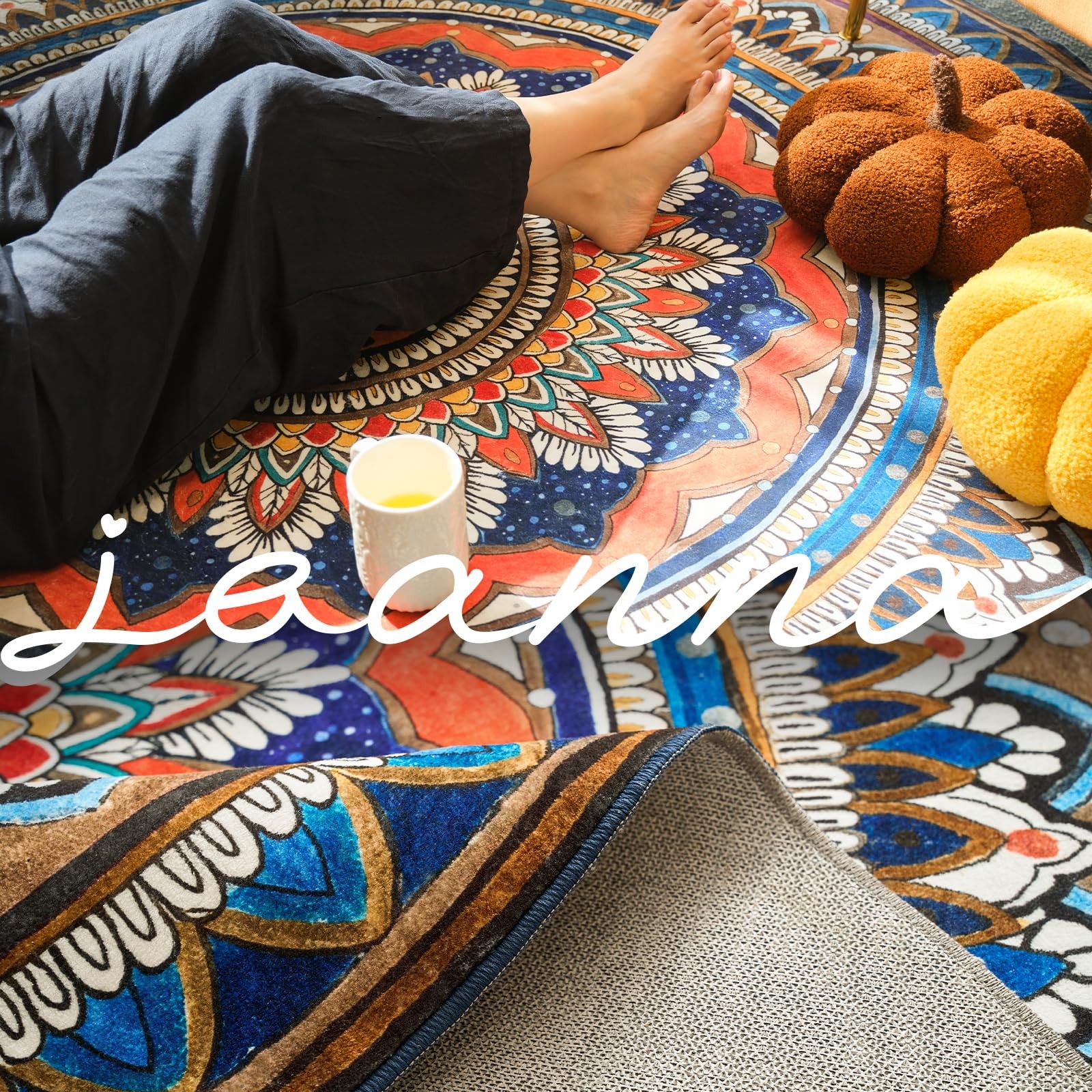 jinchan Mandala Round Rug 6ft Blue Rustic Boho Washable Rug Tribal 6′ Round V…