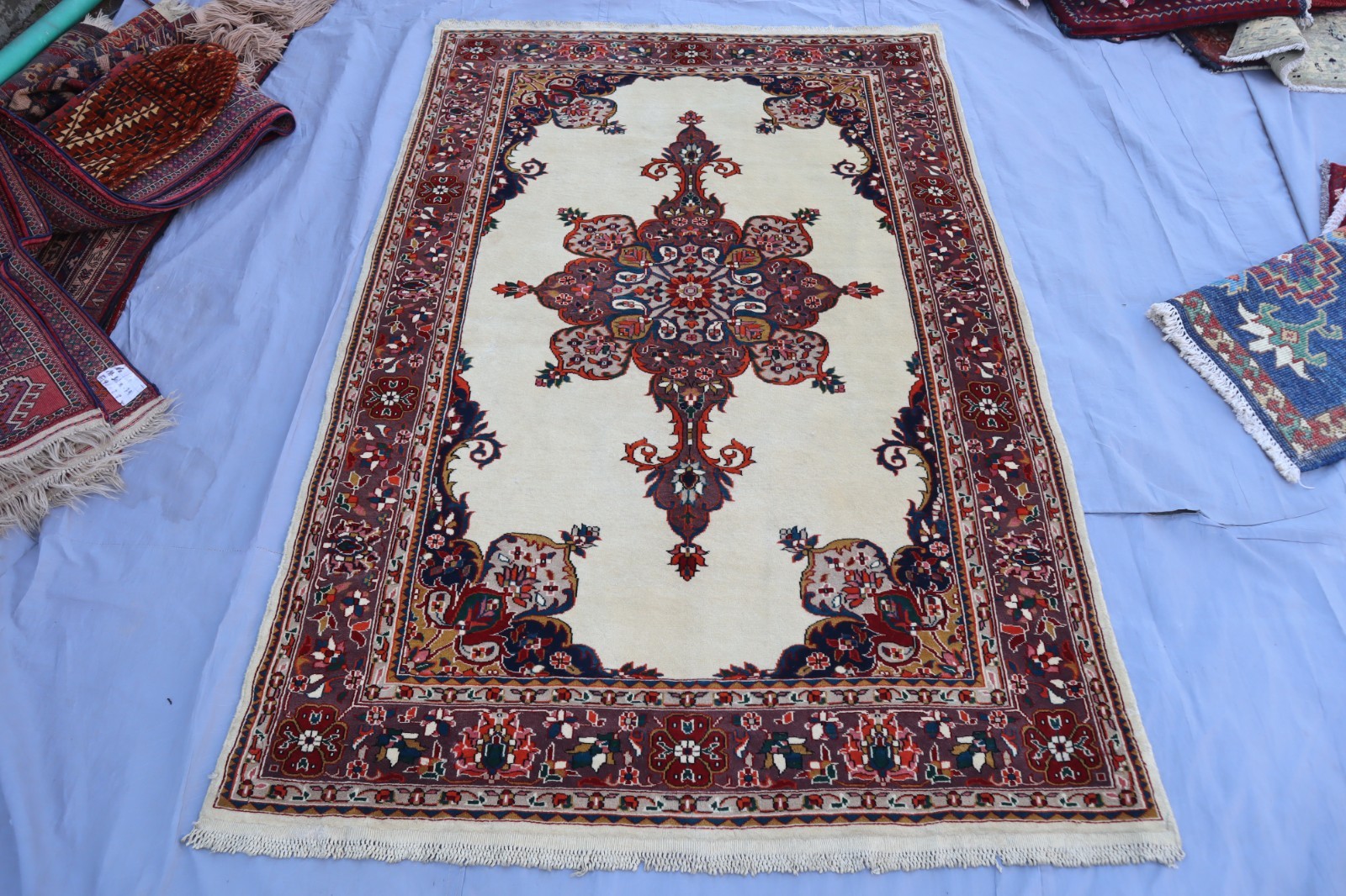 4×6 Beige Hand Knotted veg dyes Wool Turkish Hereke Area Carpet- Farmhouse Rug