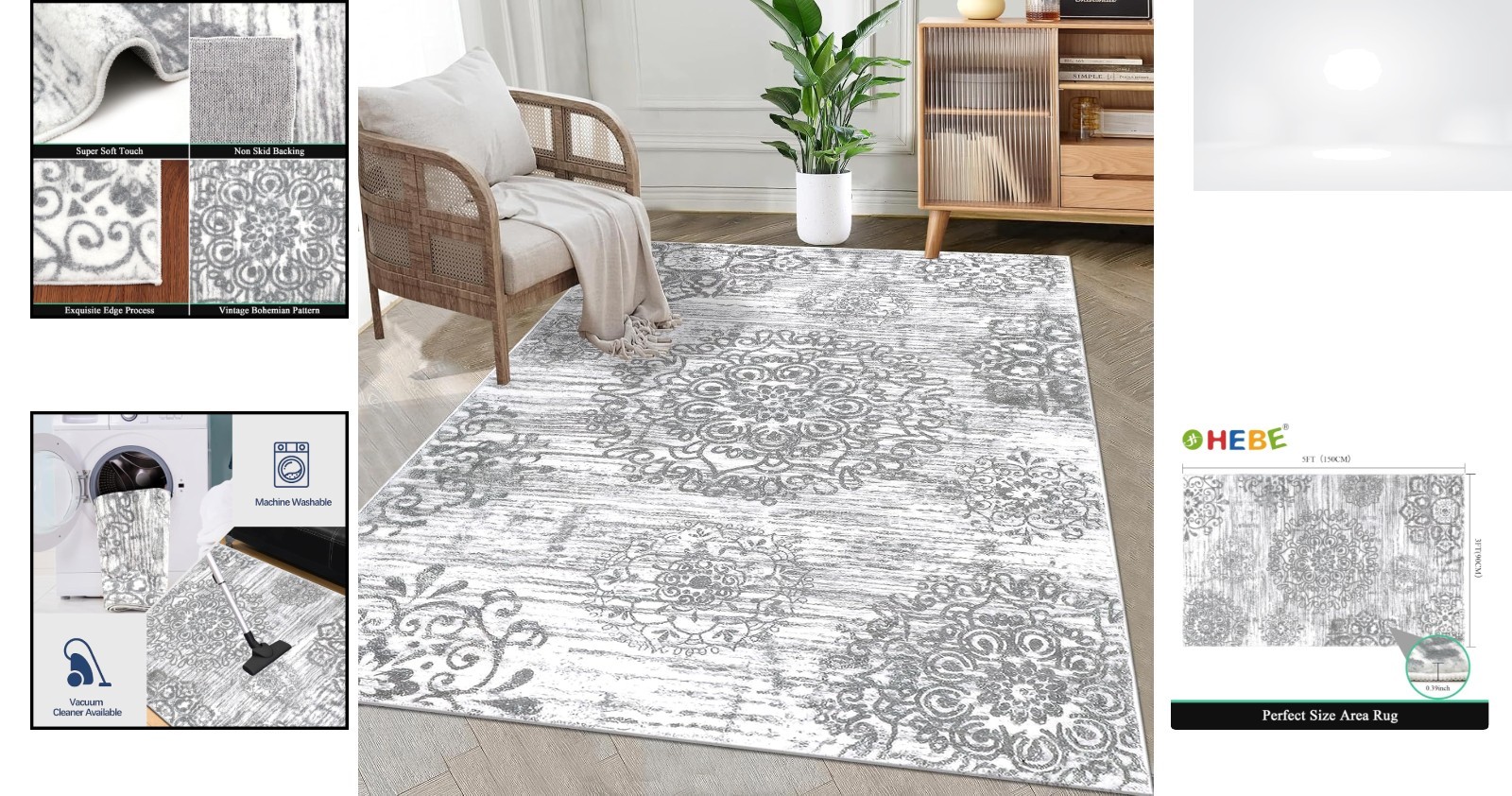 Area Rug 3×5 Non Slip Washable Soft Distressed Medallion Grey Floral Carpet I…