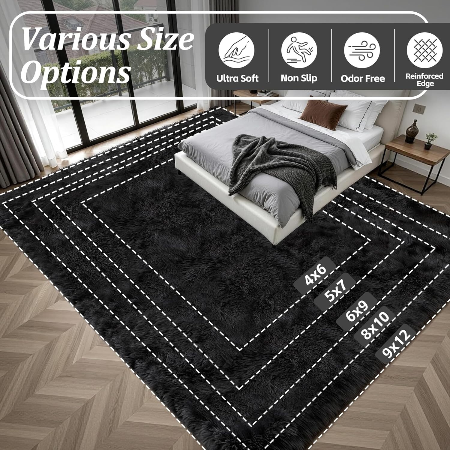 Luxury Ultra-Soft Shag Area Rug 9×12 Plush Black Memory Foam Living Room Carpet