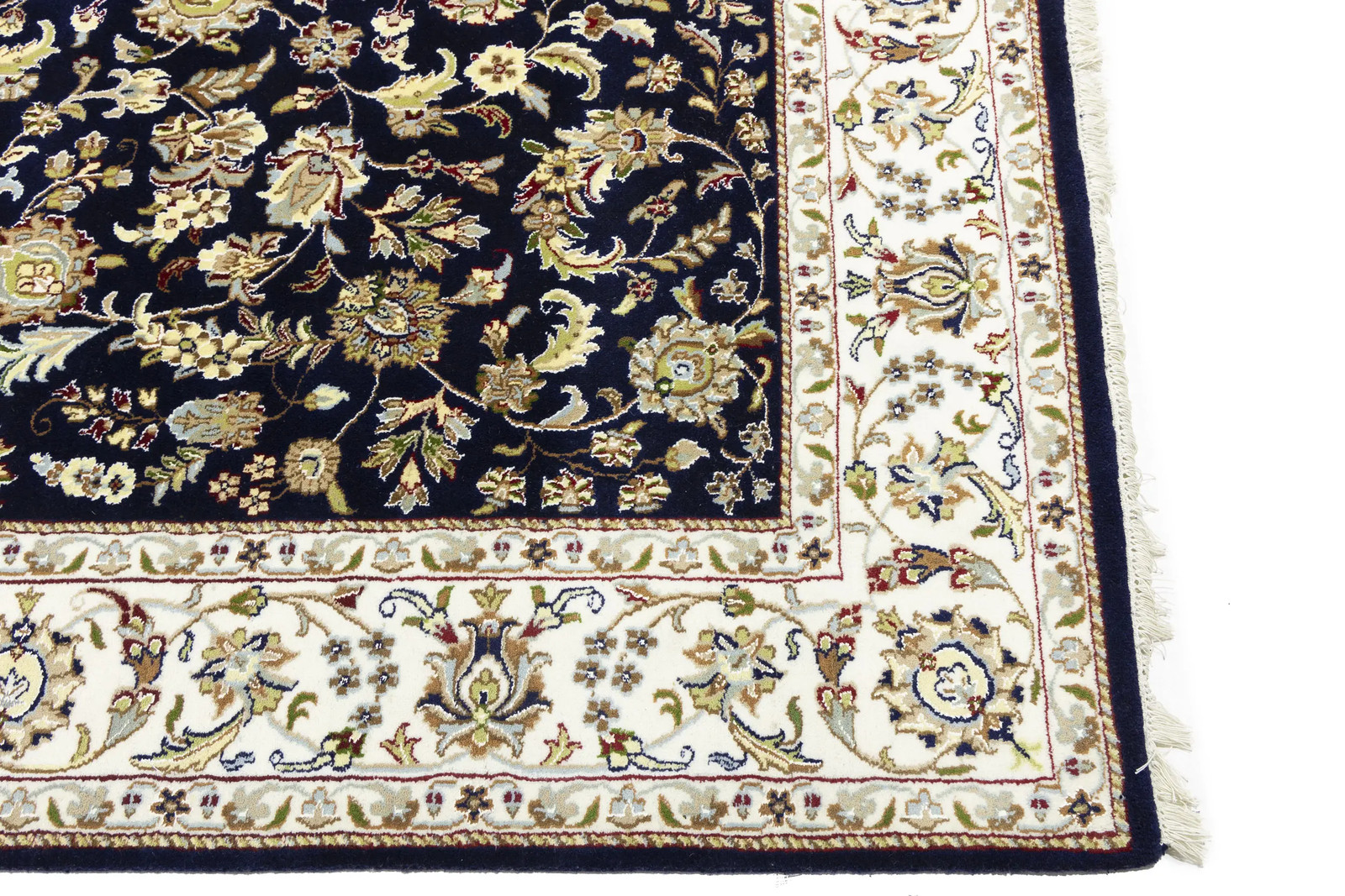 Dark Navy Wool Indo-Nain Oriental Rug Allover Floral Classic Design 6X9 ft
