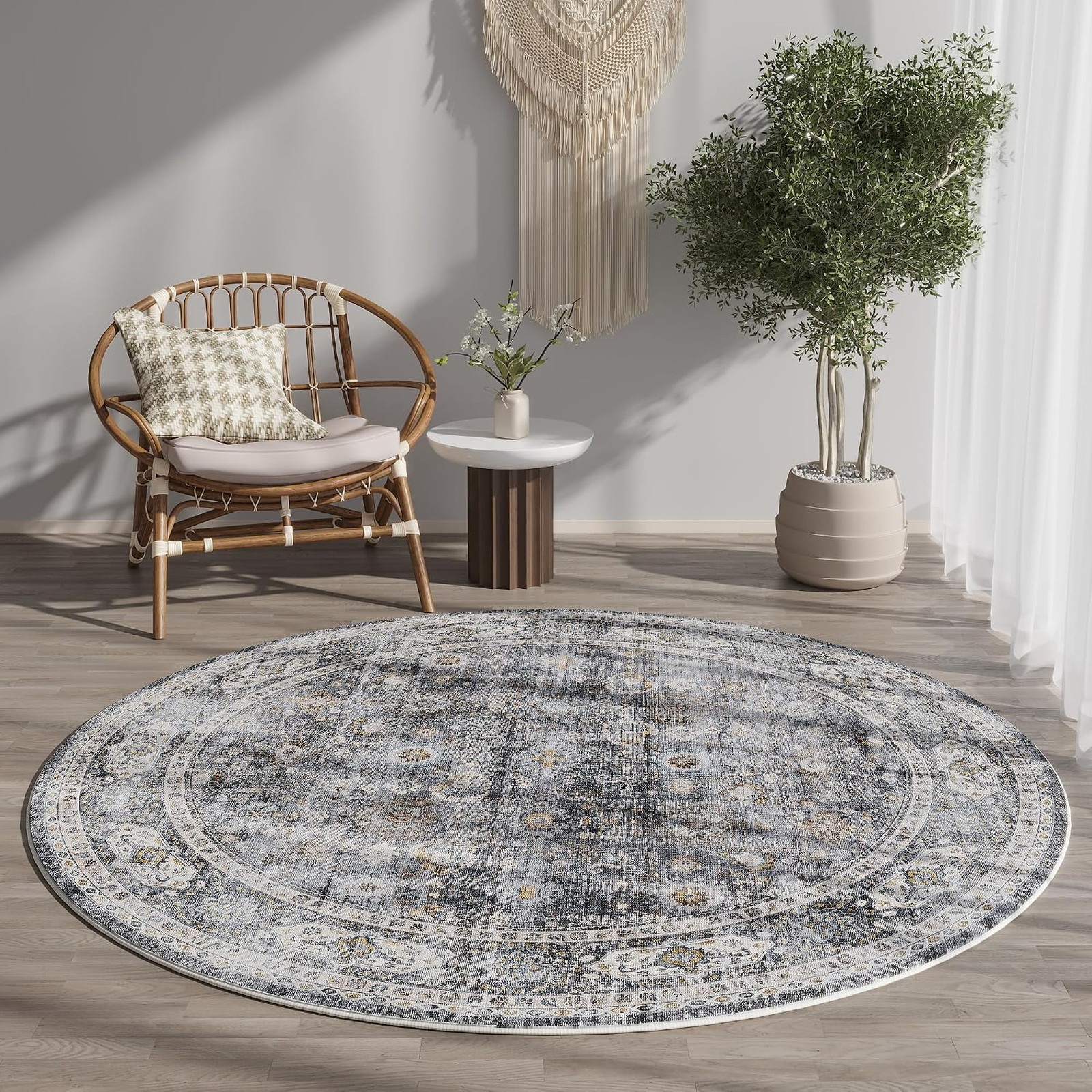 Round Washable Rug 4ft Non Slip Low Pile Boho Circle Carpet for Bedroom Bathroom