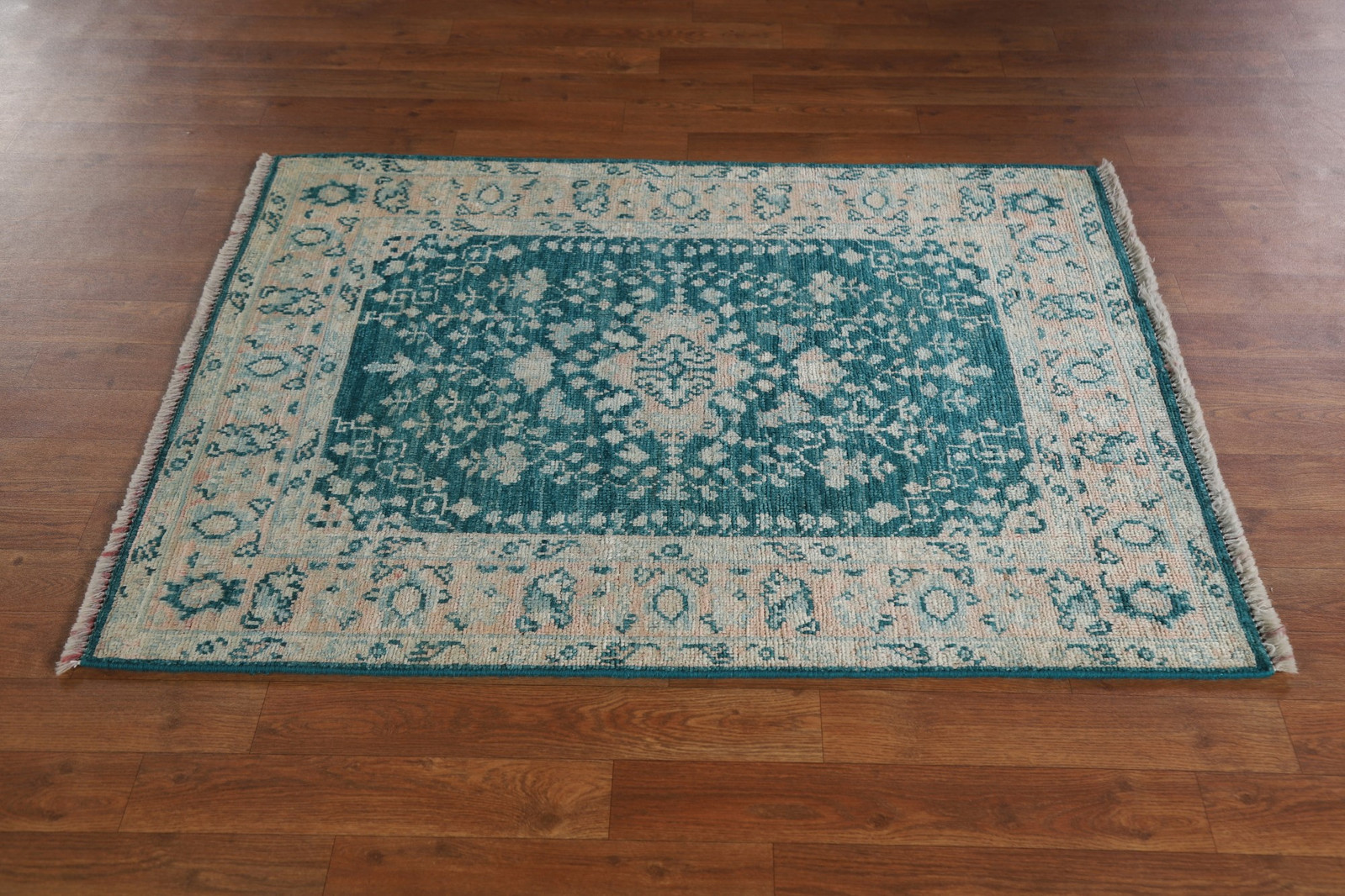 Green / Teal Handmade Vegetable Dye Oushak Turkish Accent Rug 3×4 Ft Floral Rug