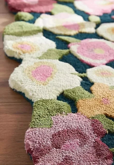 Handmade Colorful Flower Silk & Wool Area Rug Irregular Shape Hand-Tufted