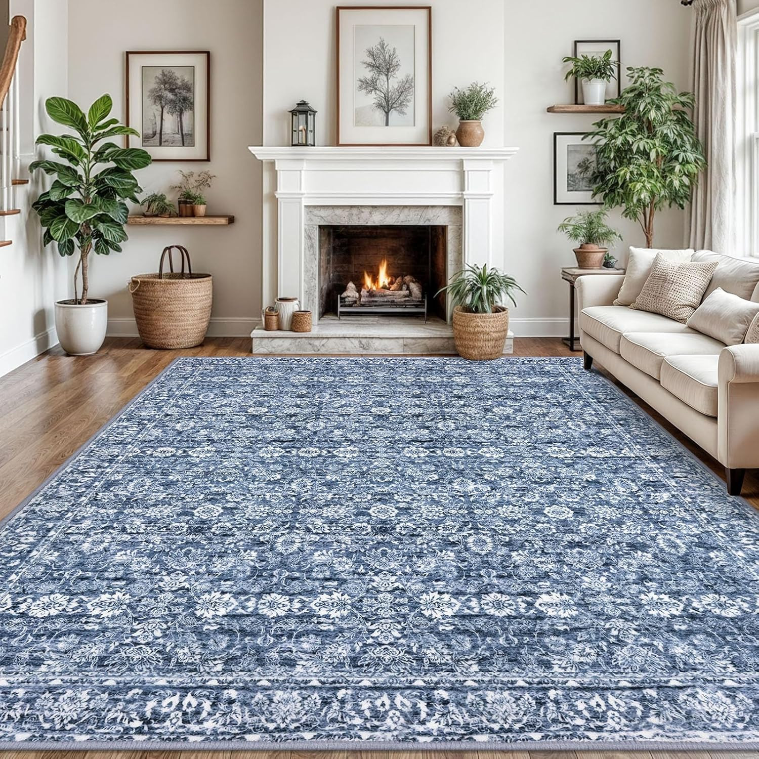 Blue Vintage Floral 9×12 Washable Area Rug for Living Room & Bedroom Decor
