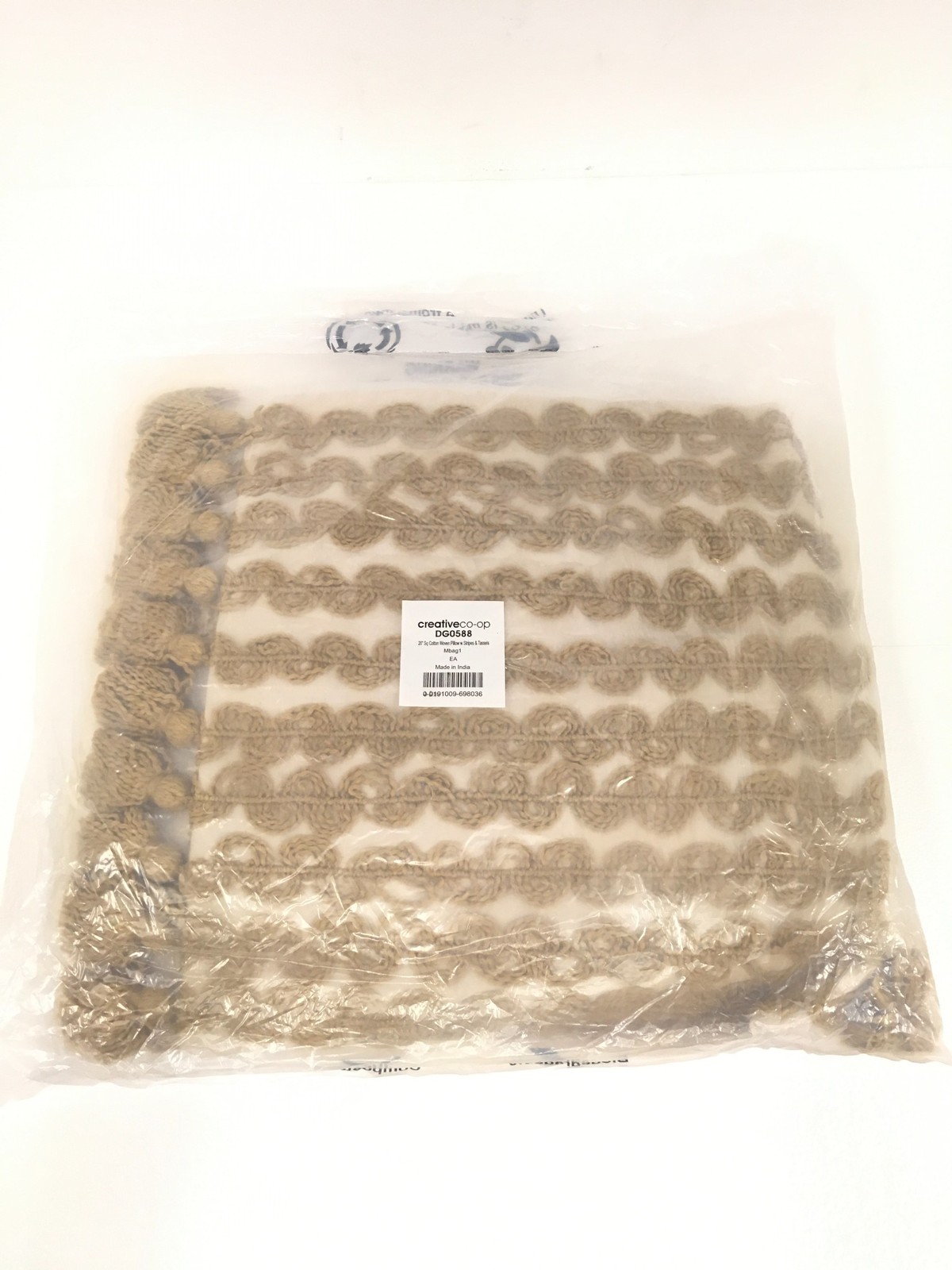 NEW Creative Co-Op Brown Cotten Woven Pillow 20in w/ Stripes, Tassels FREE SHIP