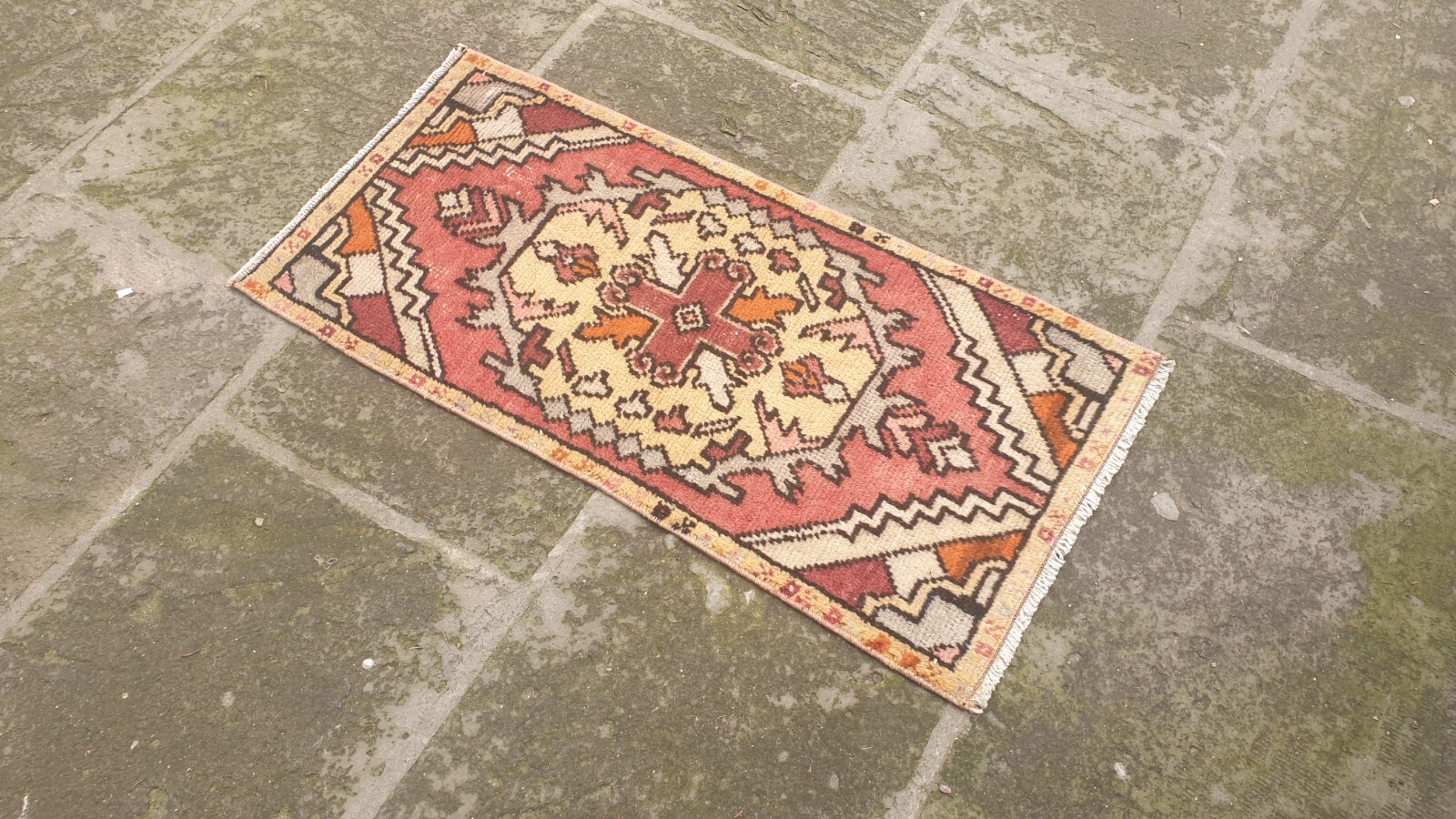 Small Turkish rug 44×91 cm 1.4×3 ft Vintage Wool Turkish Bathroom rug
