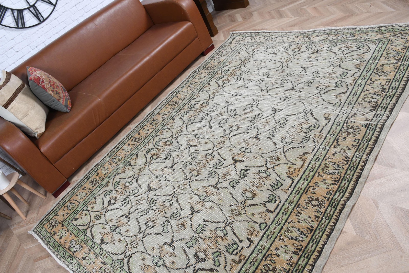 Rug, 5,8×8,2 ft Vintage Rug, Green Check Rug Wool