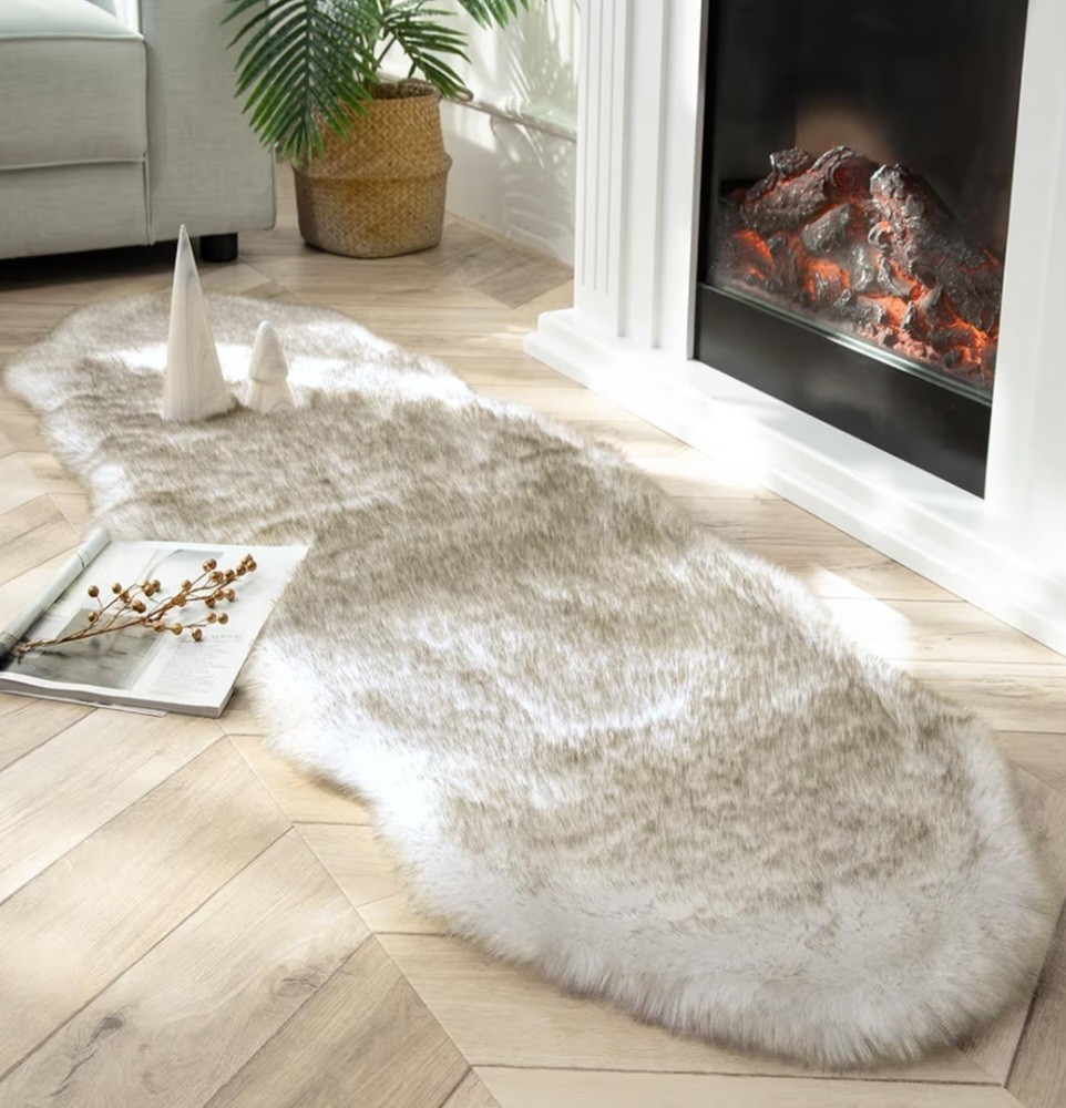 Faux Fox Fur Rug 2×6 feet White Brown Fluffy Shag Carpet Chair Floor Mat