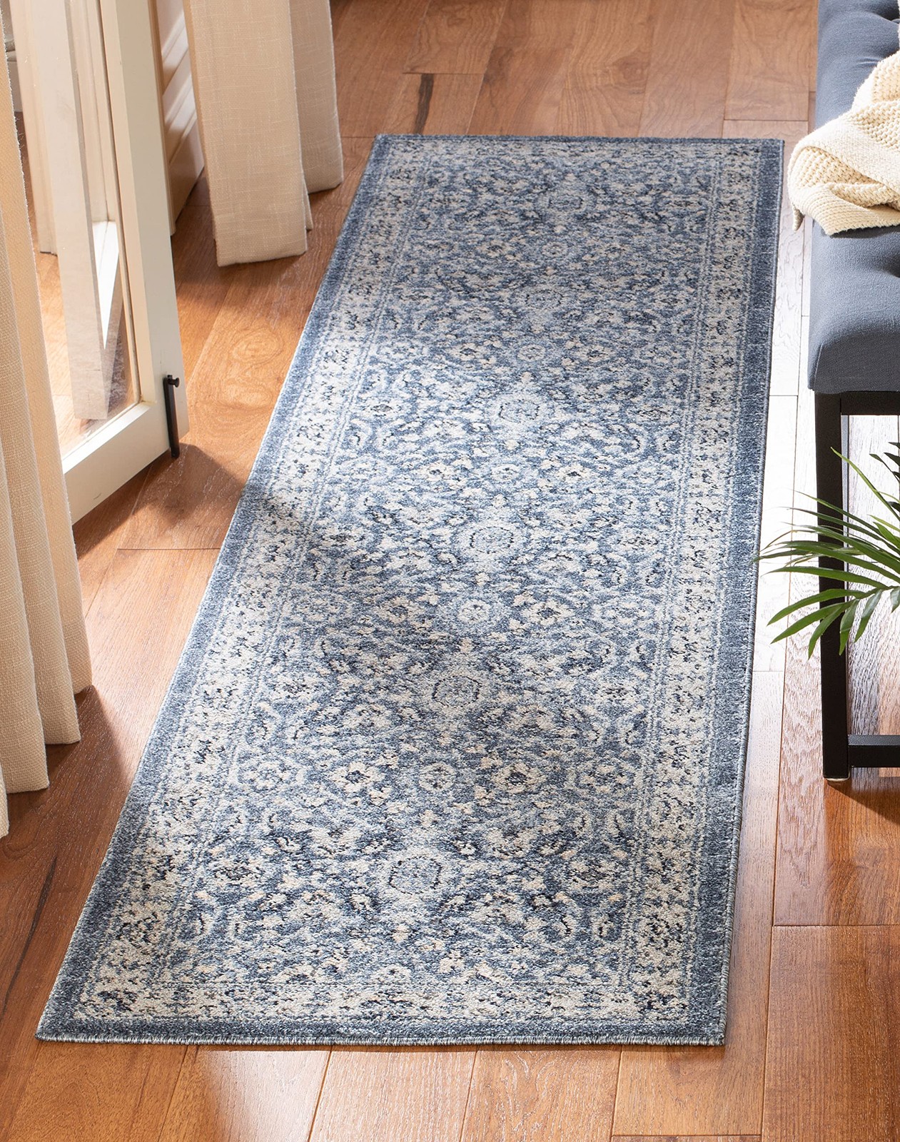 Charleston Collection Runner Rug – 2′ x 8′, Navy & Creme, Oriental Distressed…