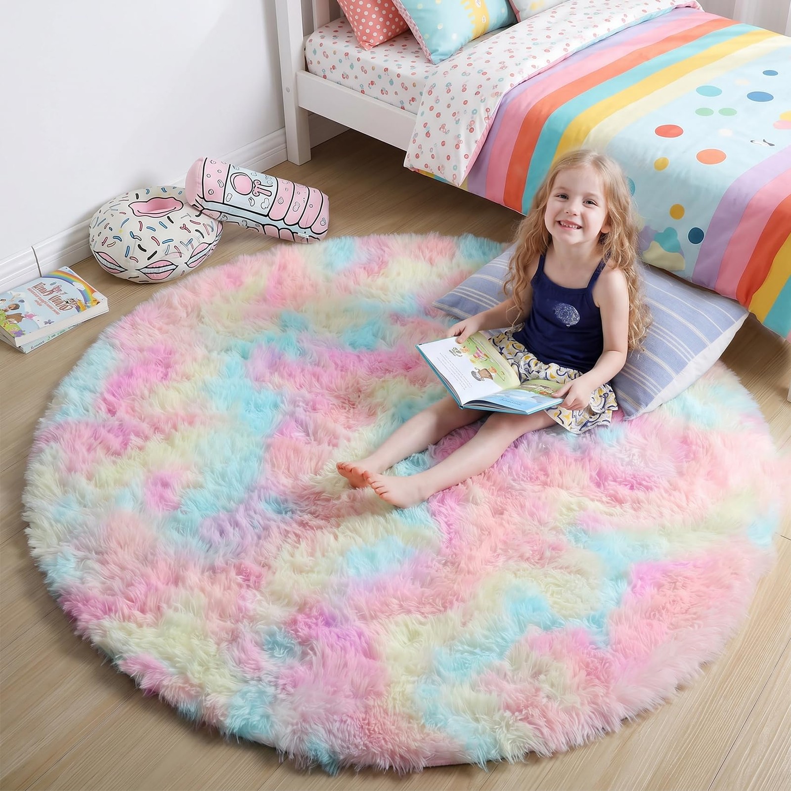 Rainbow Fluffy Round Rug 7Ft Rugs for Girls Bedroom, Unicorn Room Decor, Colo…
