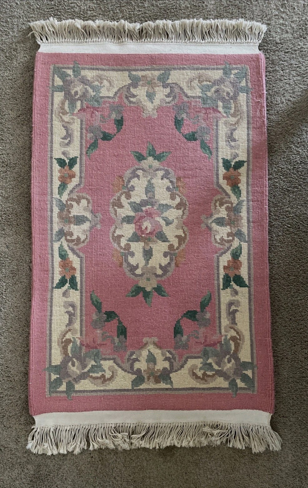 Vintage Chinese Woven Tufted Rug Small 37×24 Pink Cottage Grannycore
