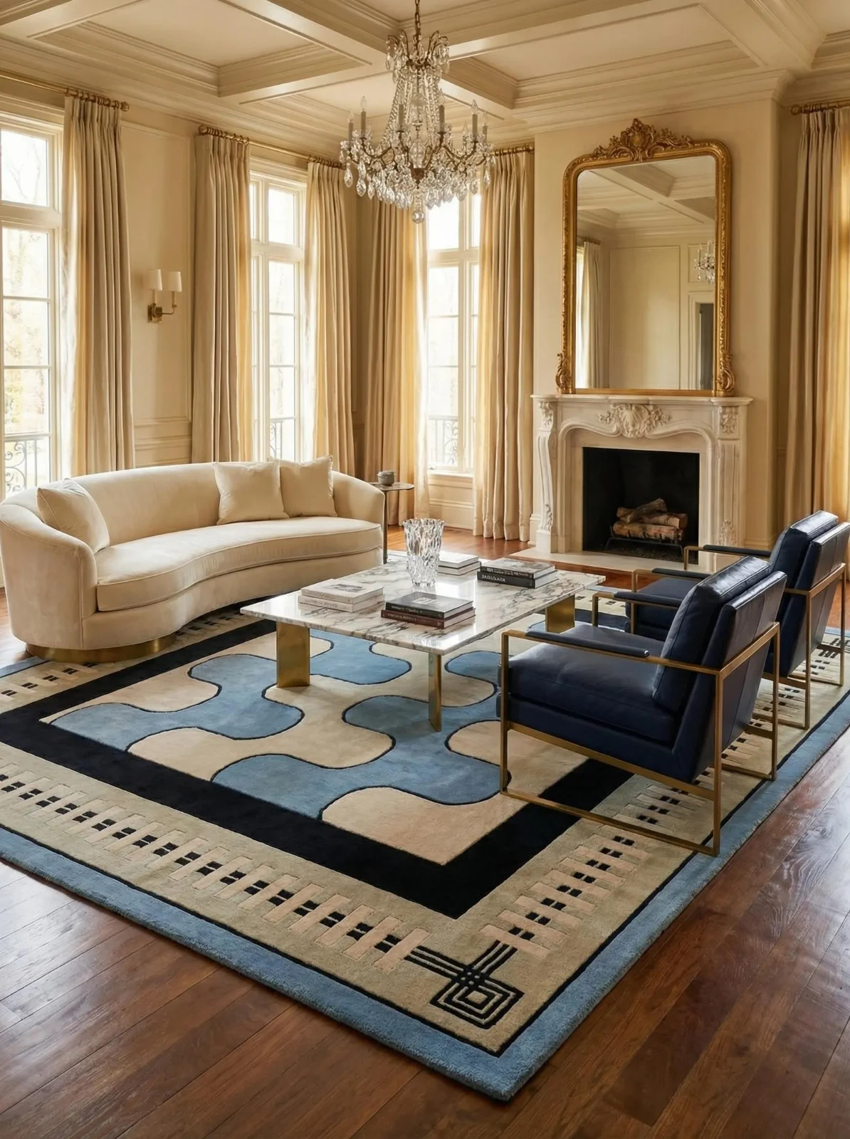 Hand Tufted Wool Area Rug Modern Blue Ivory Geometric Puzzle Pattern Luxury Carp