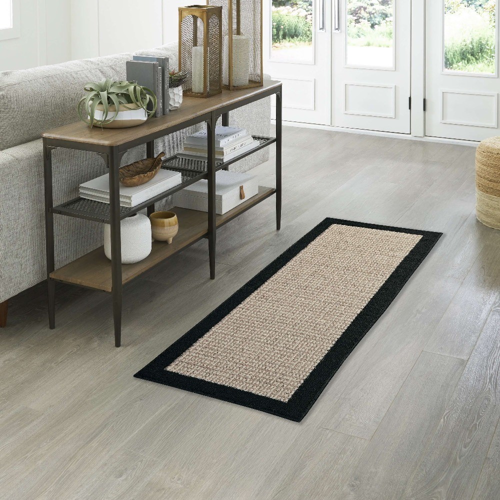 Indoor Runner Rug for Hallway 2×6 Feet Black Border Farmhouse Style Faux Sisal