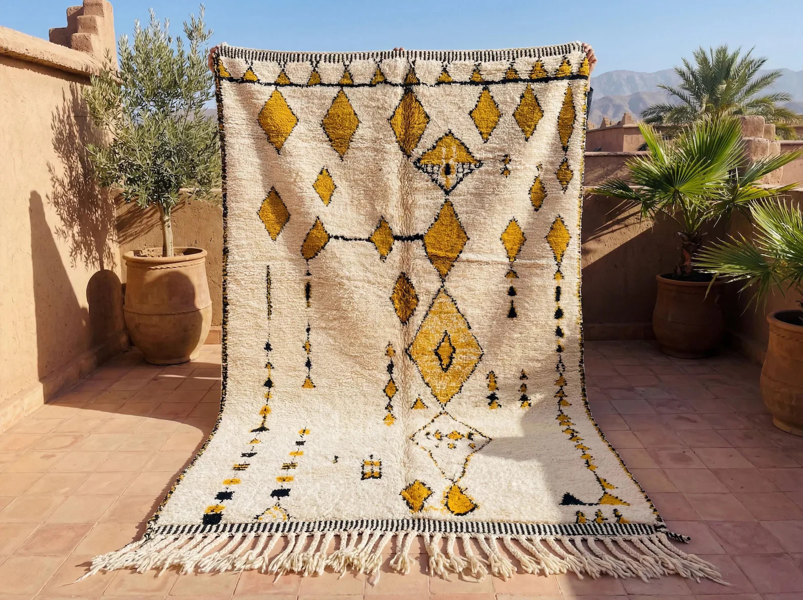 Yellow customizable rug – Mustard Moroccan Shag Wool Boujaad Design Carpet Rug