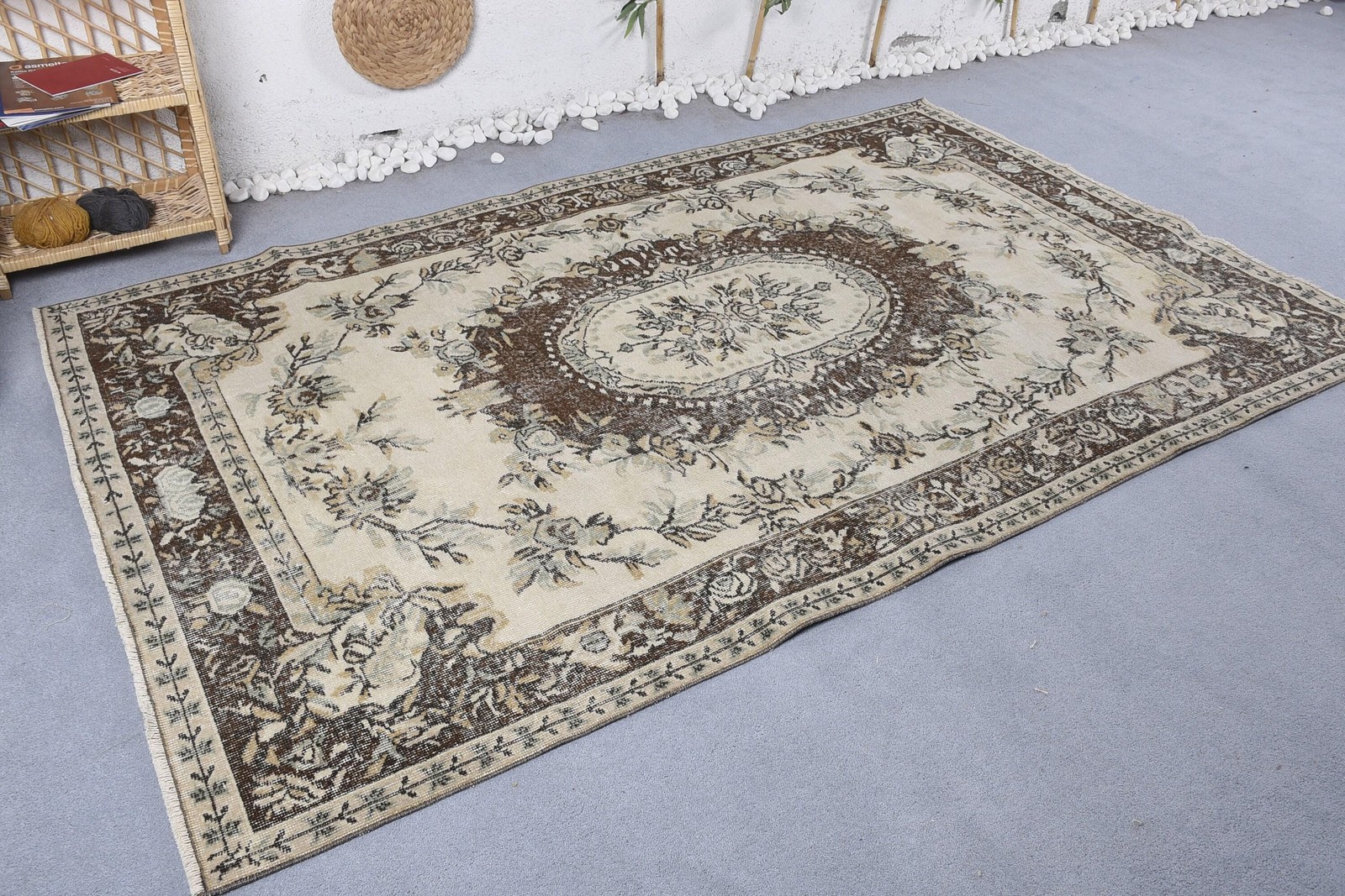 Turkish Vintage Rug 5,2×8,3 ft, Beige Large Patchwork Wool Rug