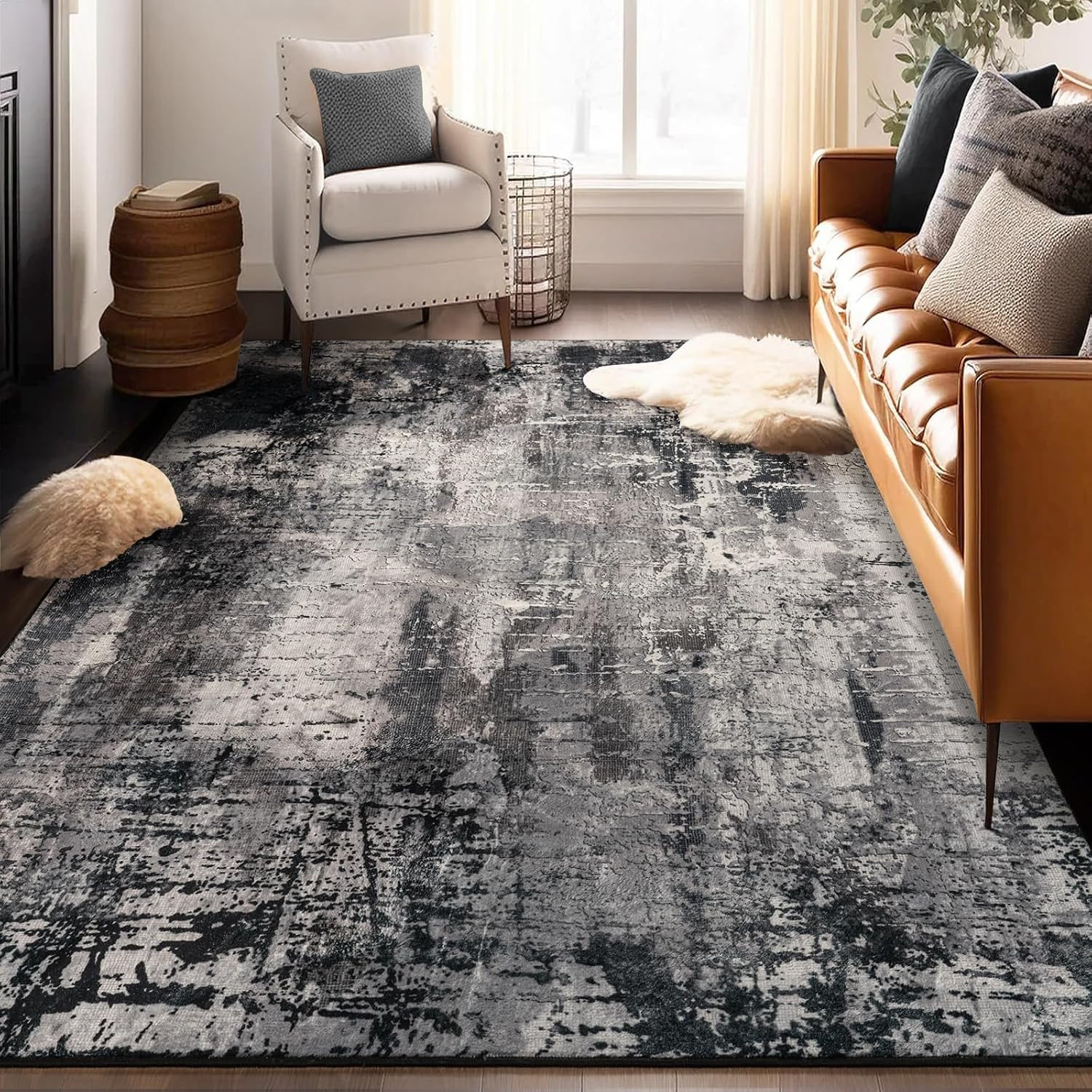 Area Rug Living Room Rug, 4X6 Modern Abstract Washable Rug Black Non Slip Foldab
