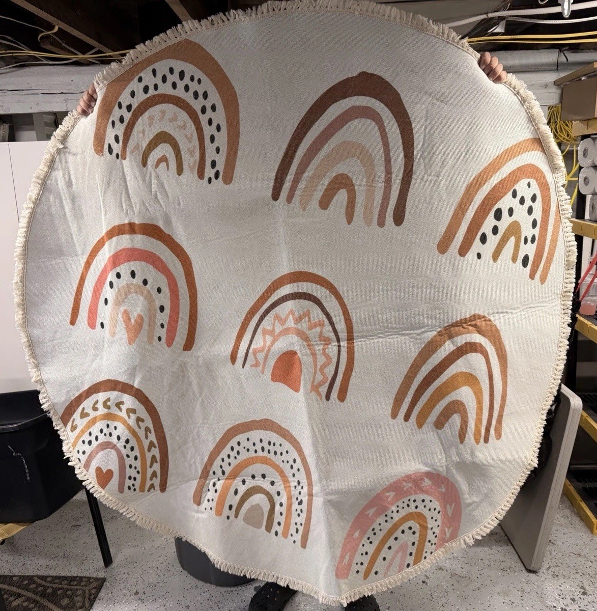 Round Boho Rug Hand Drawn Rainbows Area Rug 4 ft x 4 ft Cotton Linen Blend Rug