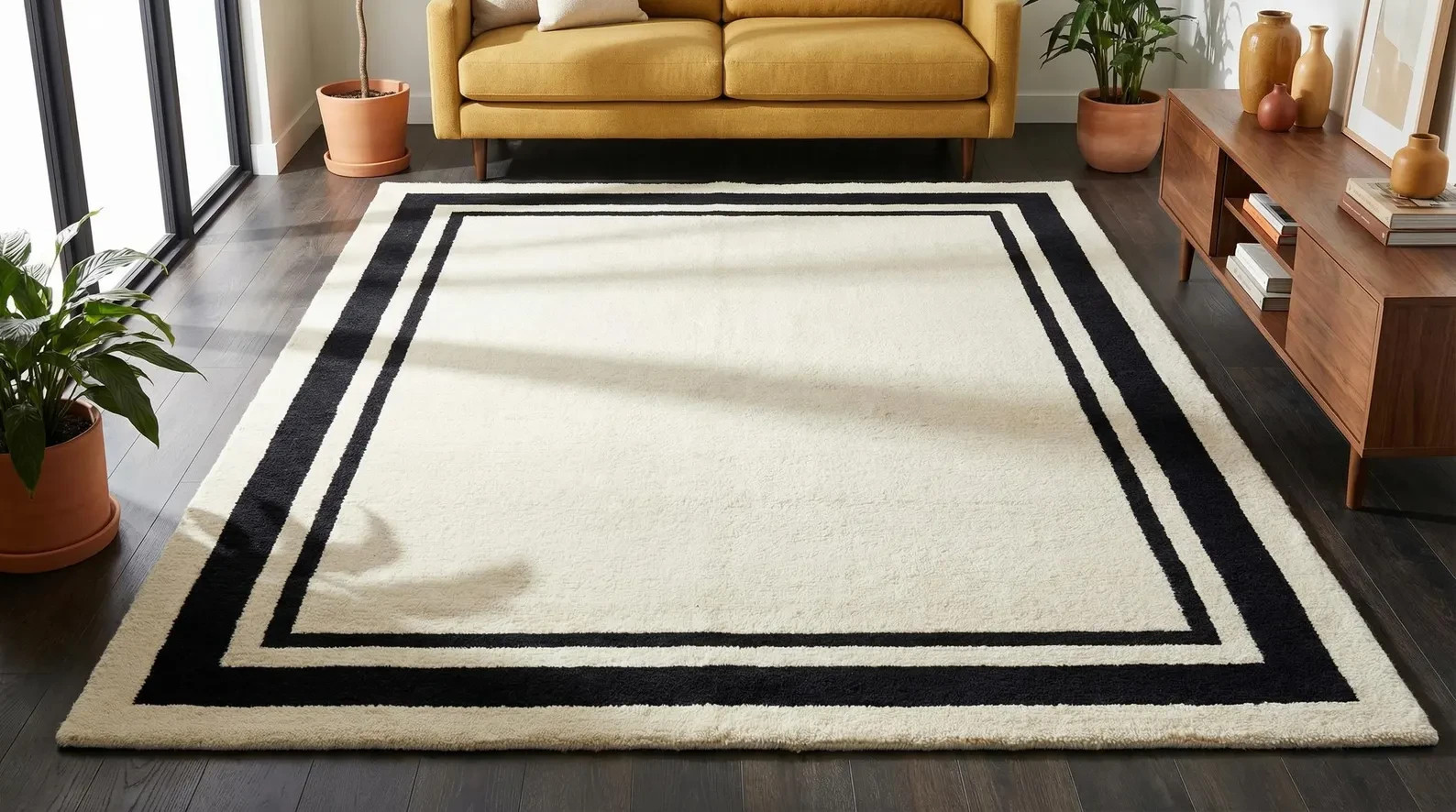 Hand Tufted Cream Rug Black Border Minimalist Wool Area Rug Modern Decor