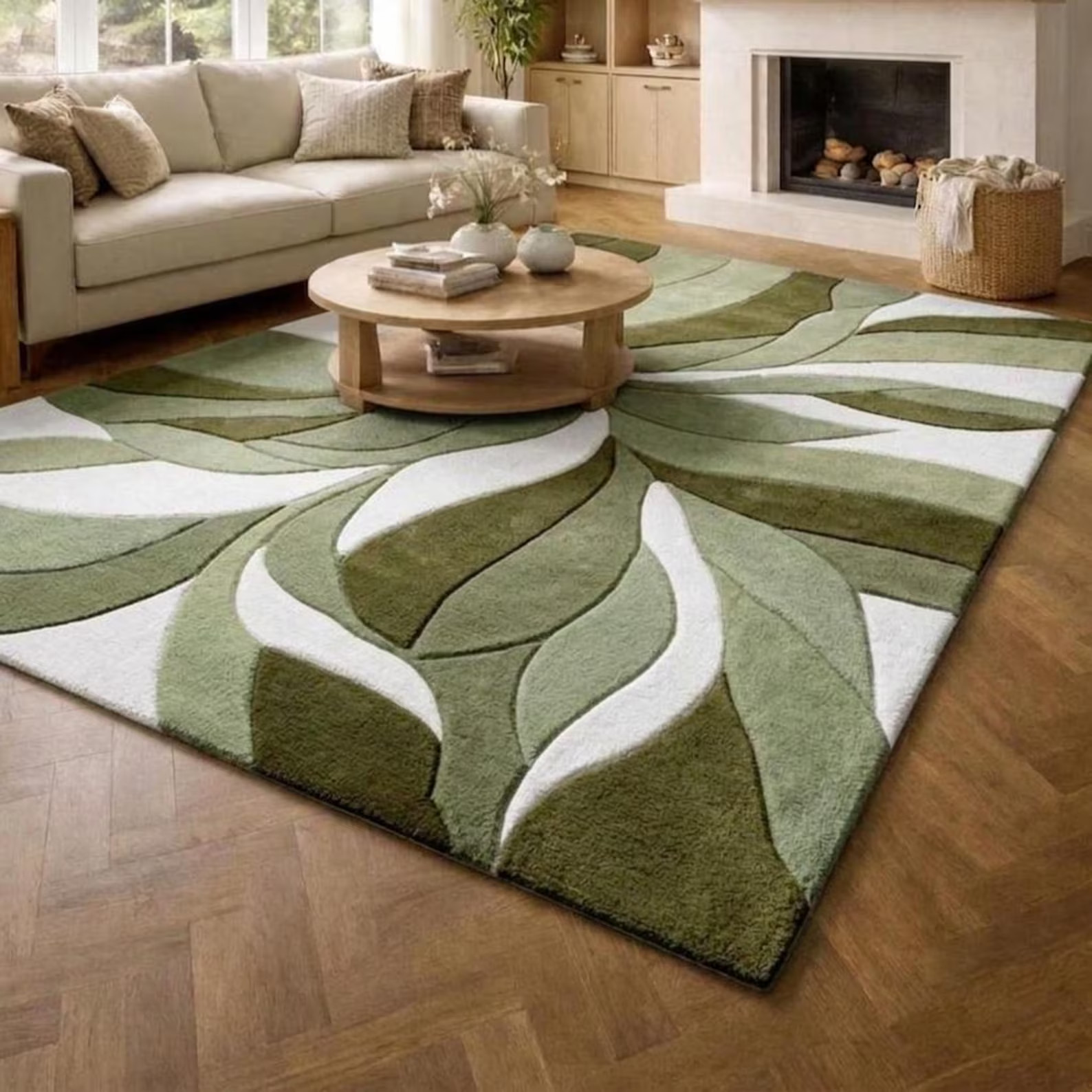 Abstract Green Area Rug, Hand Tufted Wool Rug, 3D Carved Botanical Leaf Carpet