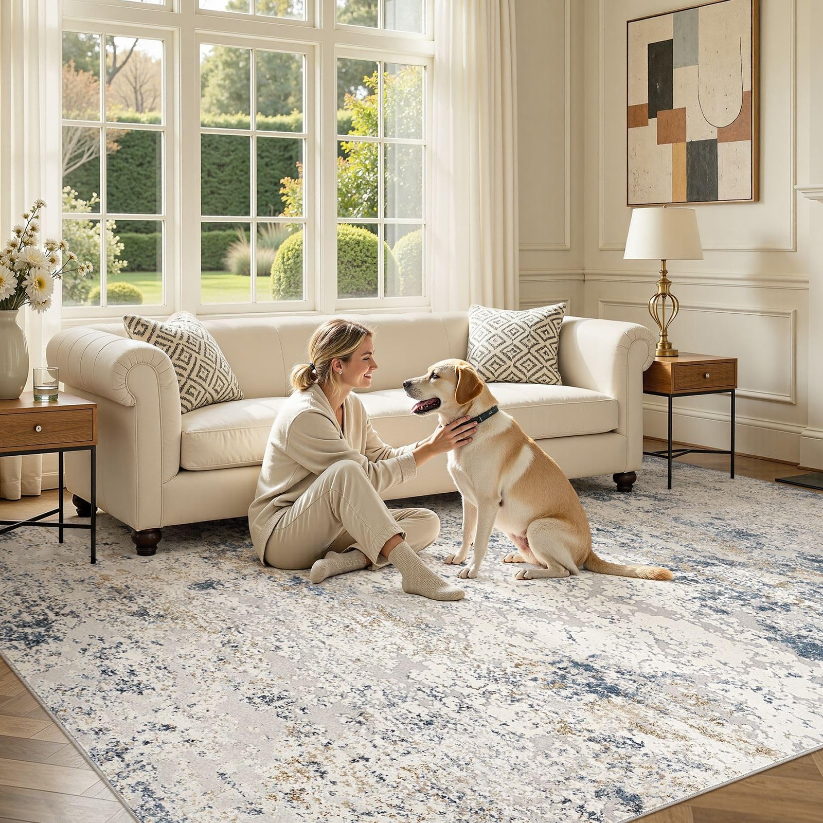 Area Rug Living Room Rugs 8×10 Abstract Large Soft Indoor Washable Rug Neutr…