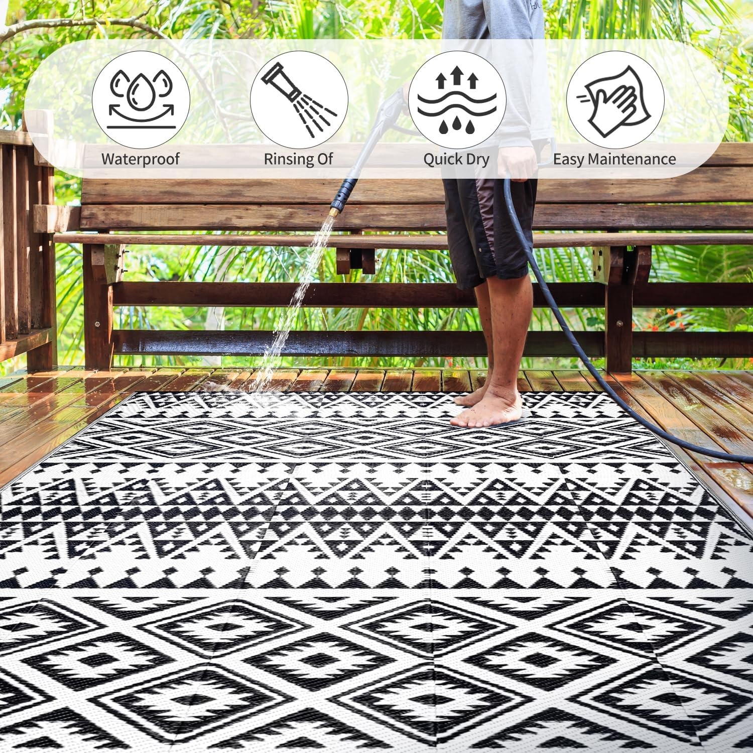 Waterproof Outdoor Rug 6x9ft Bohemia Reversible Plastic Straw Mat for Patio RV
