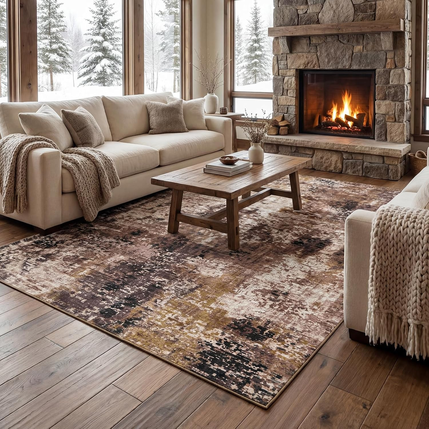8X10 Washable Non-Slip Brown Red Area Rug for Modern Home Decor