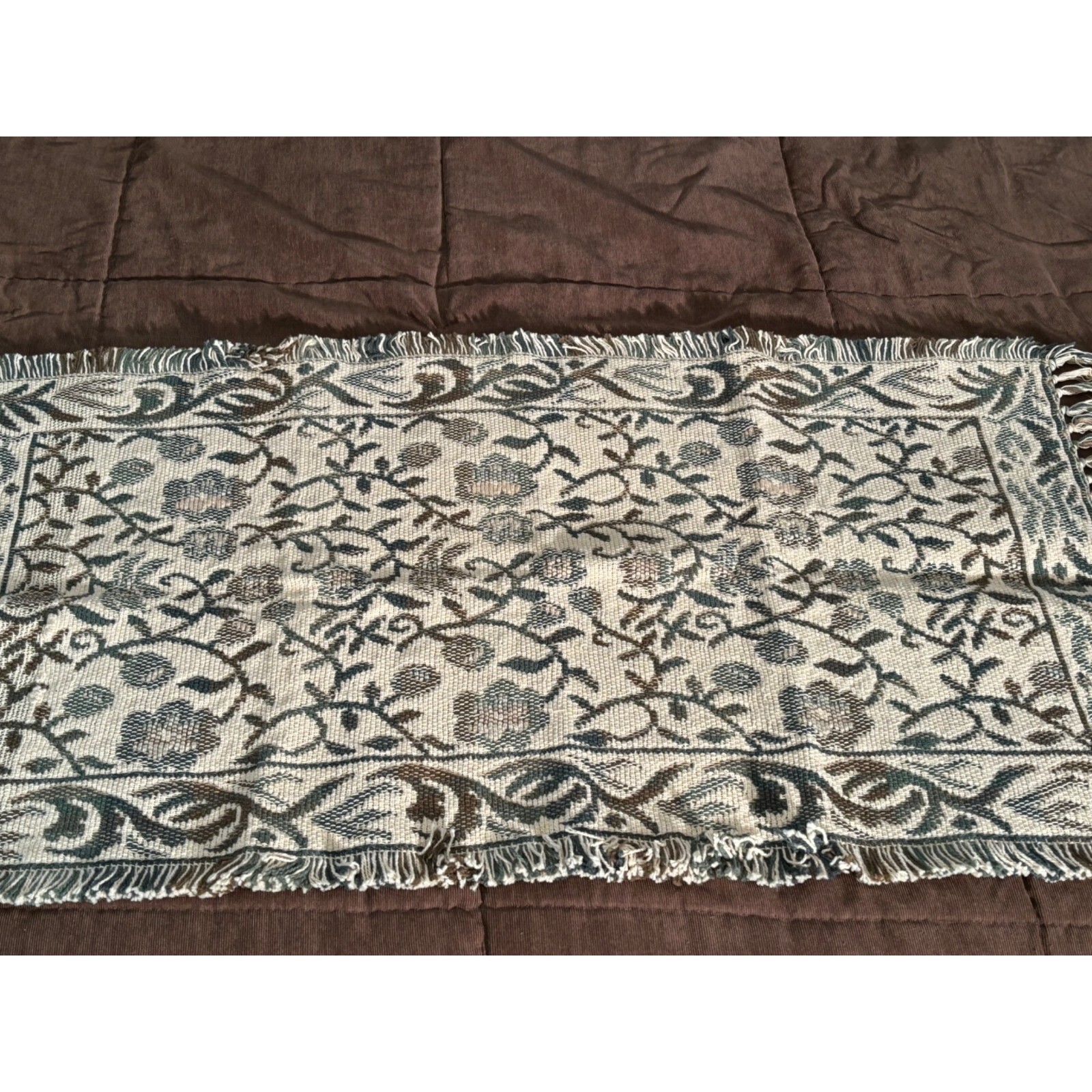 Jacquard Rug 100% Cotton 20×40 including Fringe Cream, Green and Brown New