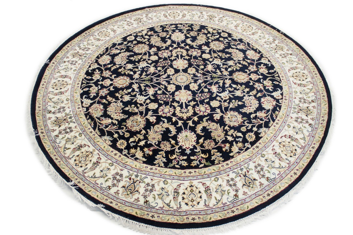 7X7 Handmade Indo-Nain Dark Navy Floral Design Round Oriental Rug Room Carpet