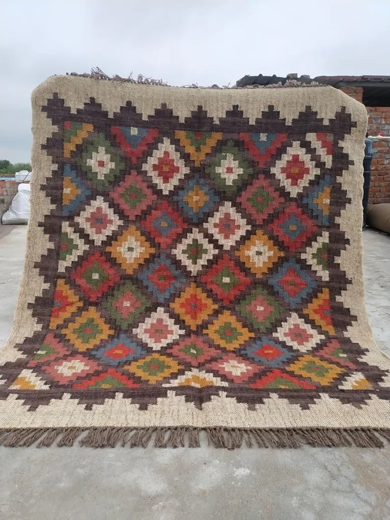 Handwoven Wool Jute Kilim Rug – Boho Area Rug, Rustic Living Room Carpet, Natura